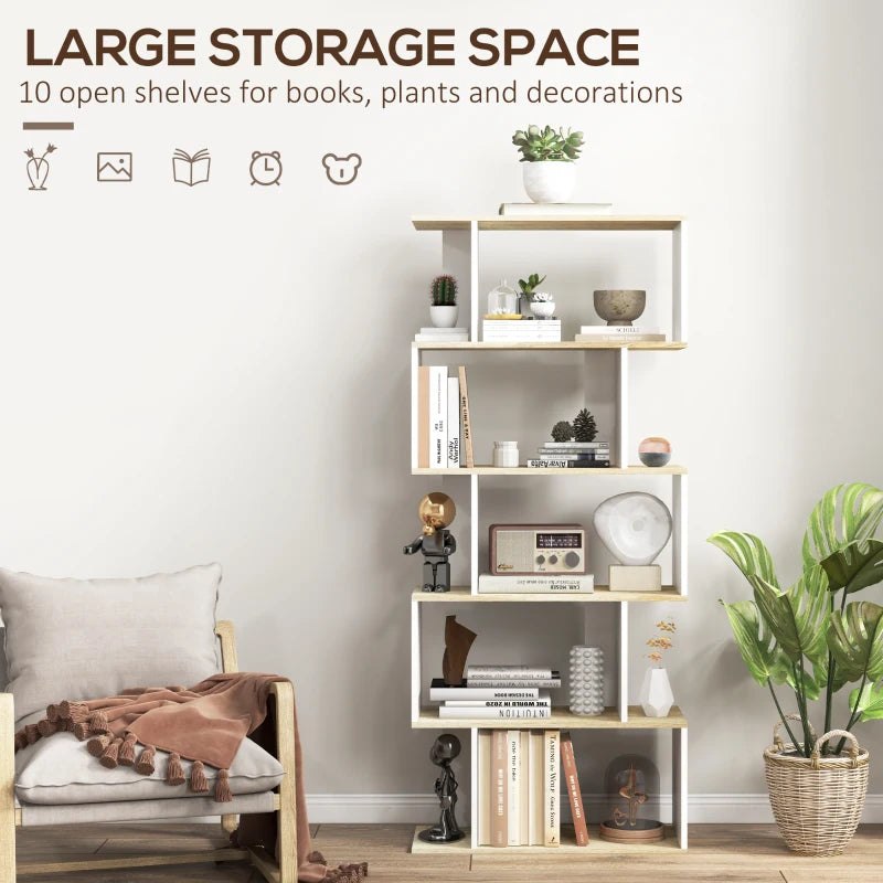 5-Tier Bookshelf, Geometric S Shaped Bookcase, Tall Narrow Display Shelf for for Living Room, Study Room, White