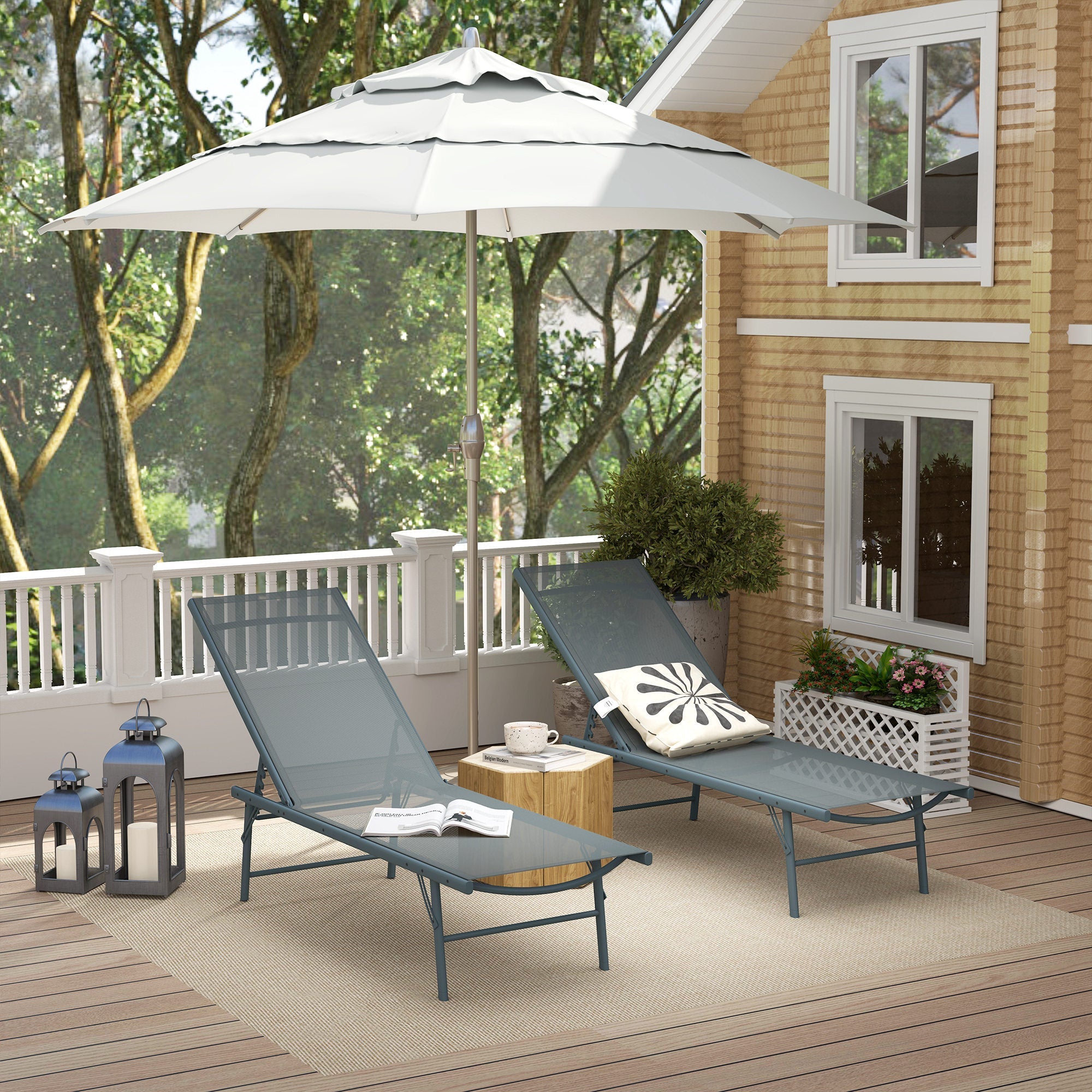 Outsunny 2 Pieces Folding Outdoor Lounge Chairs, Reclining Chaise Lounge Tanning Chair w/ Adjustable Back, Mesh Seat, Light Grey 
