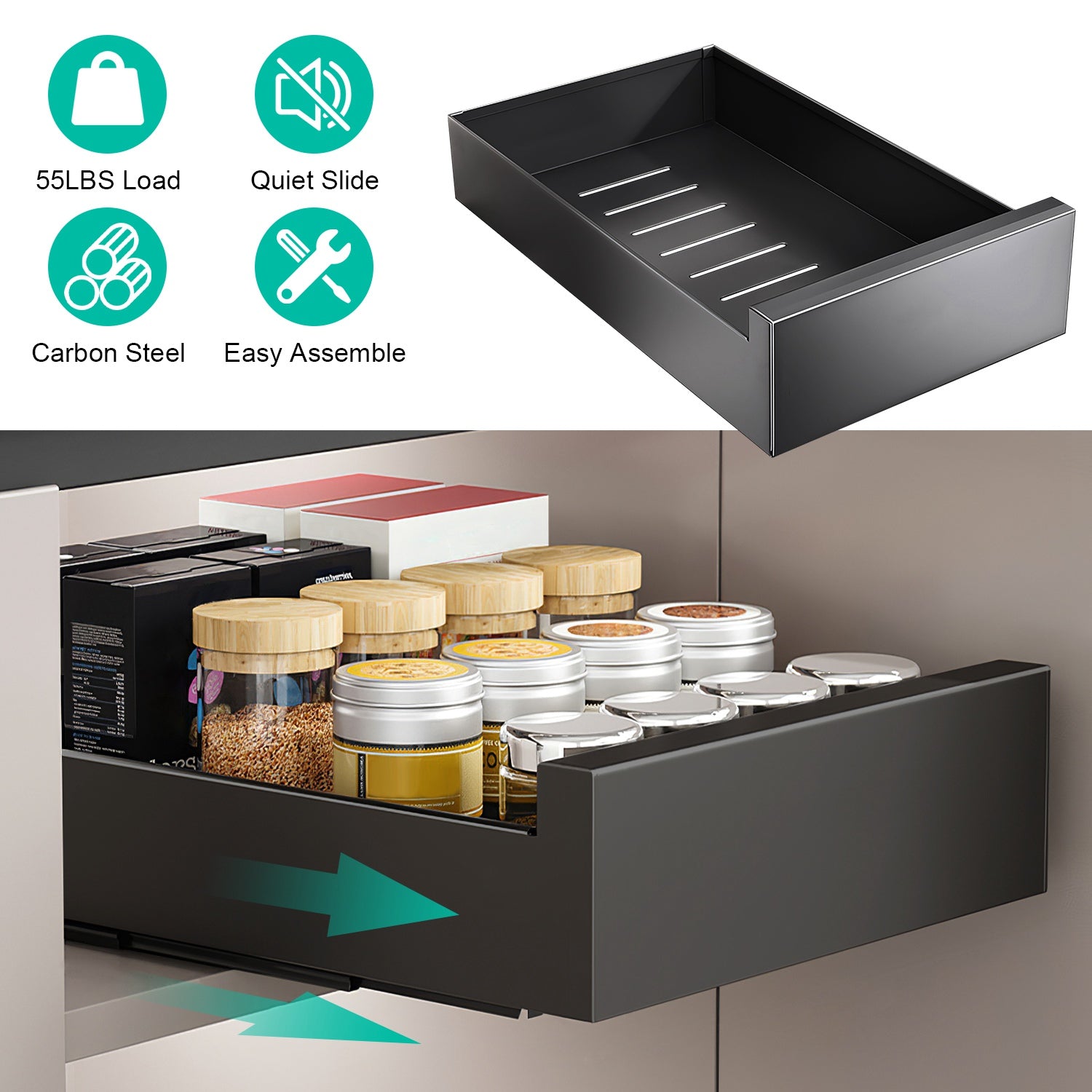 Pull Out Cabinet Organizer Carbon Steel Slide Out Drawer Storage Smooth Quiet Slide Rails for Kitchen Bathroom Living Room Black 11.81x16.92x2.75inch 