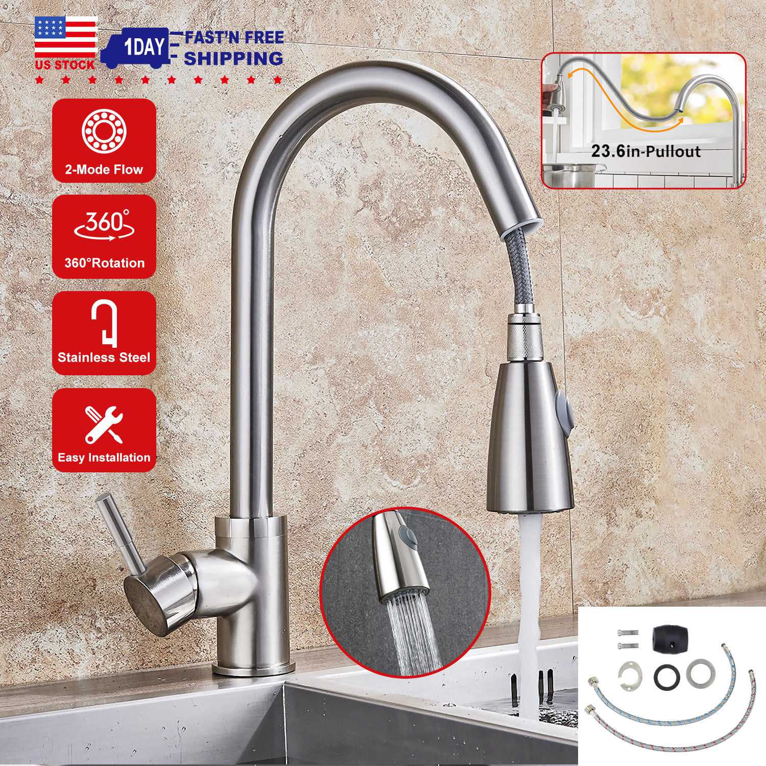 Kitchen Faucets Single Handle Kitchen Sink Faucet Brushed Nickel Stainless Steel Pulldown Head Faucet w/Flexible Pullout Sprayer