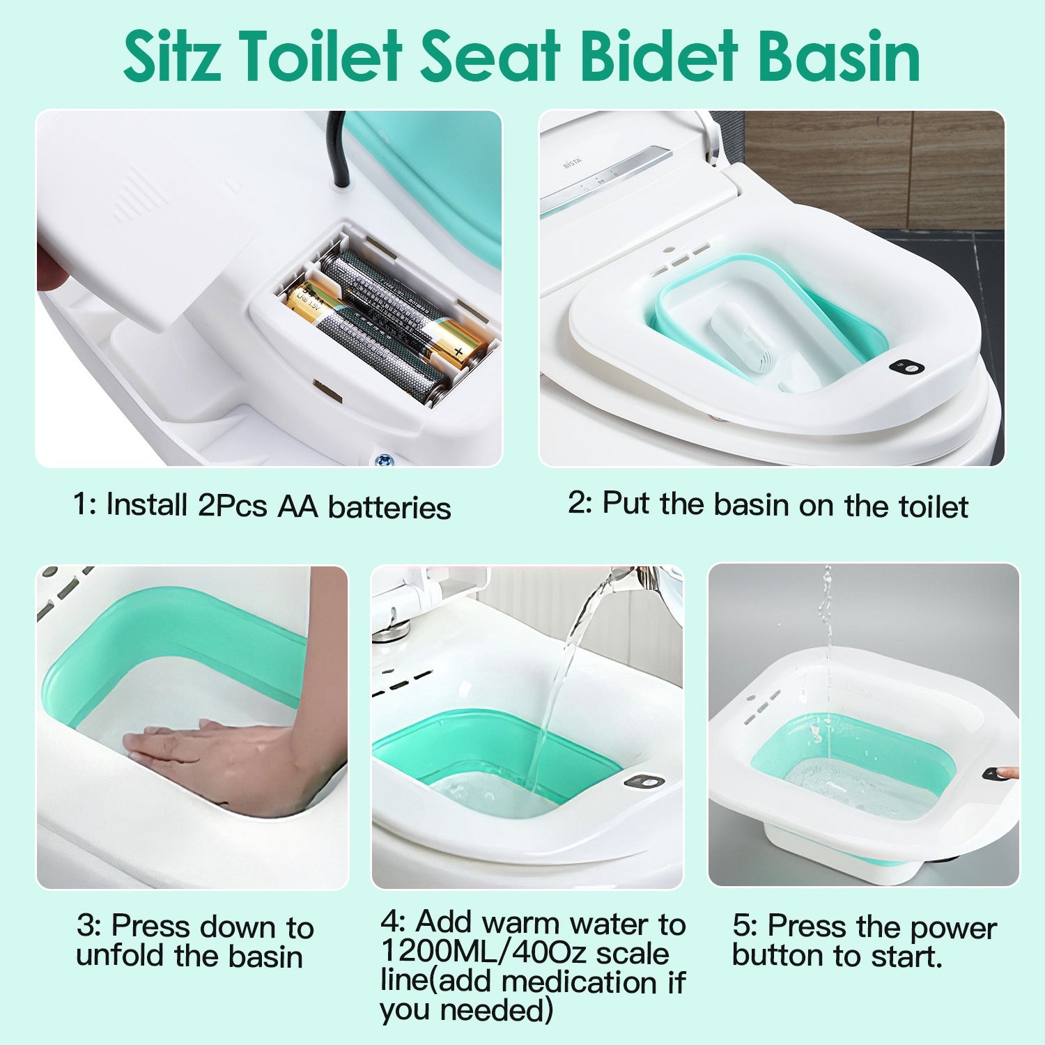 Foldable Postpartum Care Basin Sitz Toilet Seat Bidet Basin Battery Powered Toilet Bidet for Pregnant Postpartum Hemorrhoid Elderly Care 1400ML/47Oz