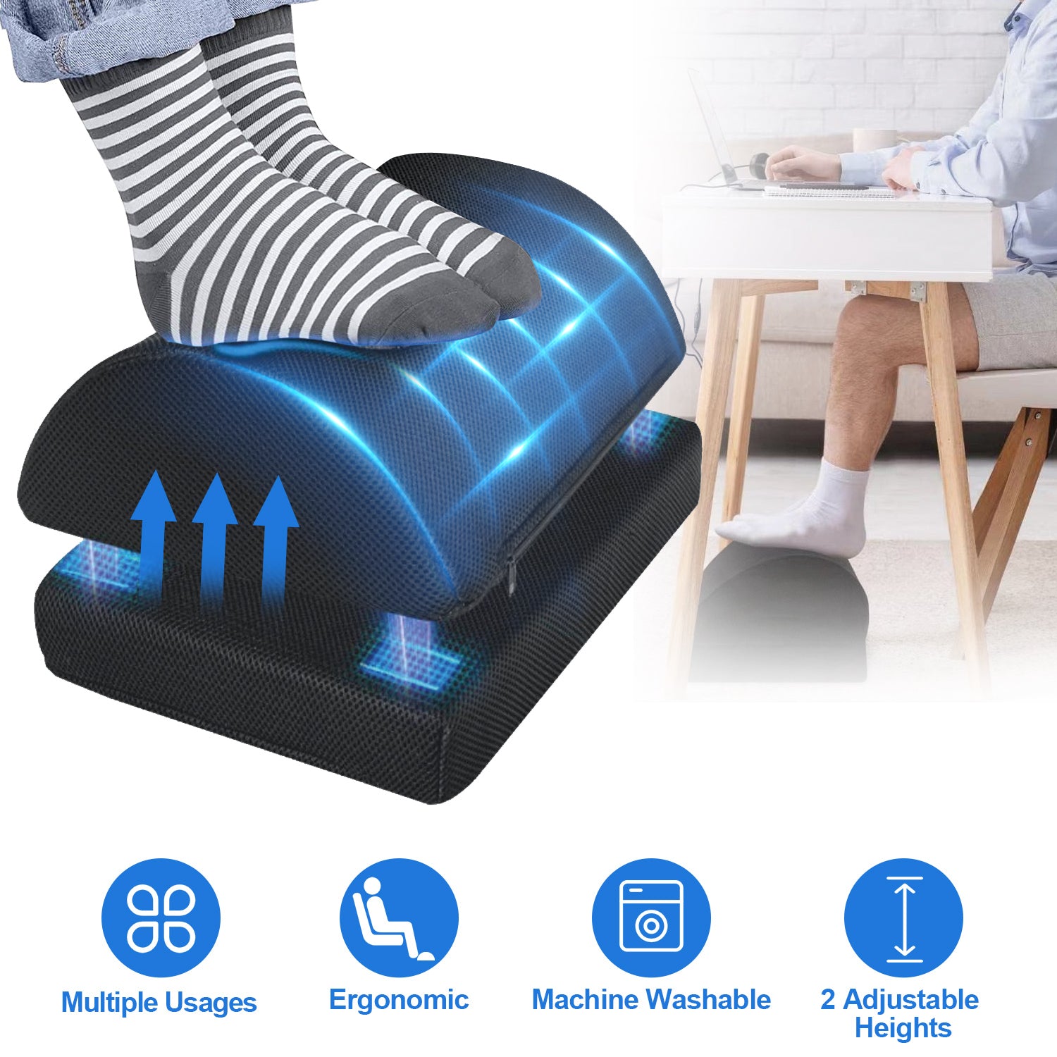 Under Desk Office Footrest Memory Foam Ergonomic Footrest Washable Foot Rest with 2 Adjustable Heights for Home Office 