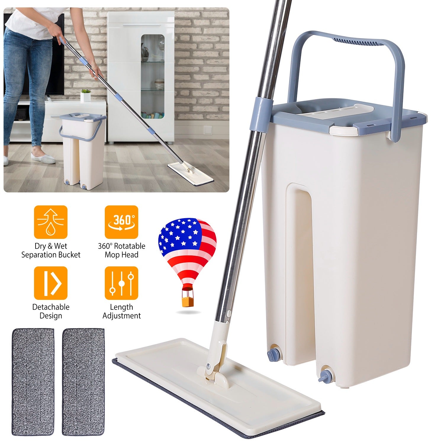 Flat Floor Mop Bucket Set Self Cleaning Wet Dry Usage with 2Pcs Reusable Microfiber Mop Pads