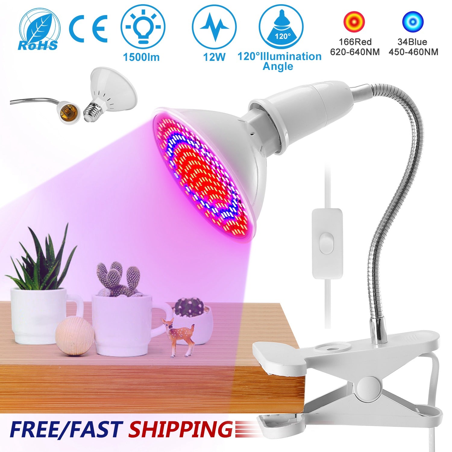 LED Grow Light 12W 200 Red Blue LEDs Plant Grow Lamp 360°Rotatable Plant Light w/ Desk Clip for Plants Indoor 