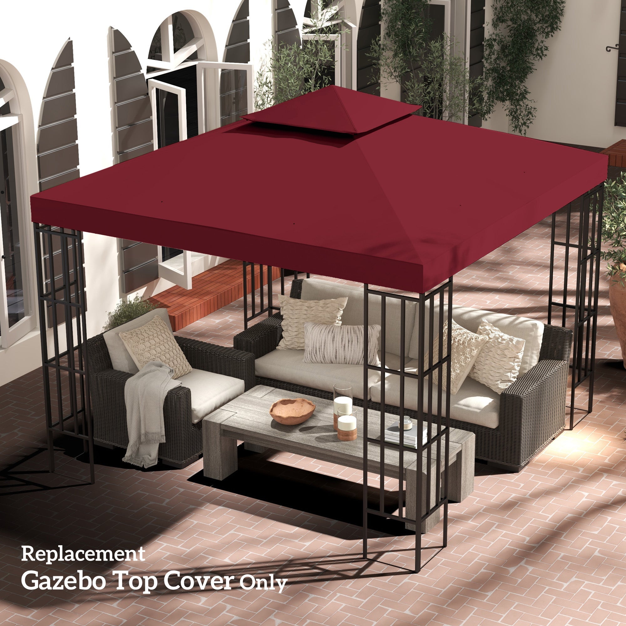 Outsunny 9.8' x 9.8' Square 2-Tier Gazebo Canopy Replacement Top Cover Outdoor Garden Sun Shade, Wine Red 