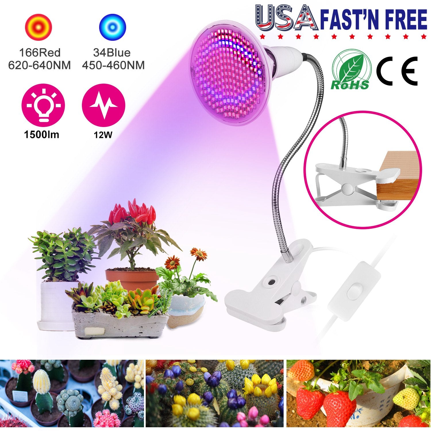 LED Grow Light 12W 200 Red Blue LEDs Plant Grow Lamp 360°Rotatable Plant Light w/ Desk Clip for Plants Indoor 