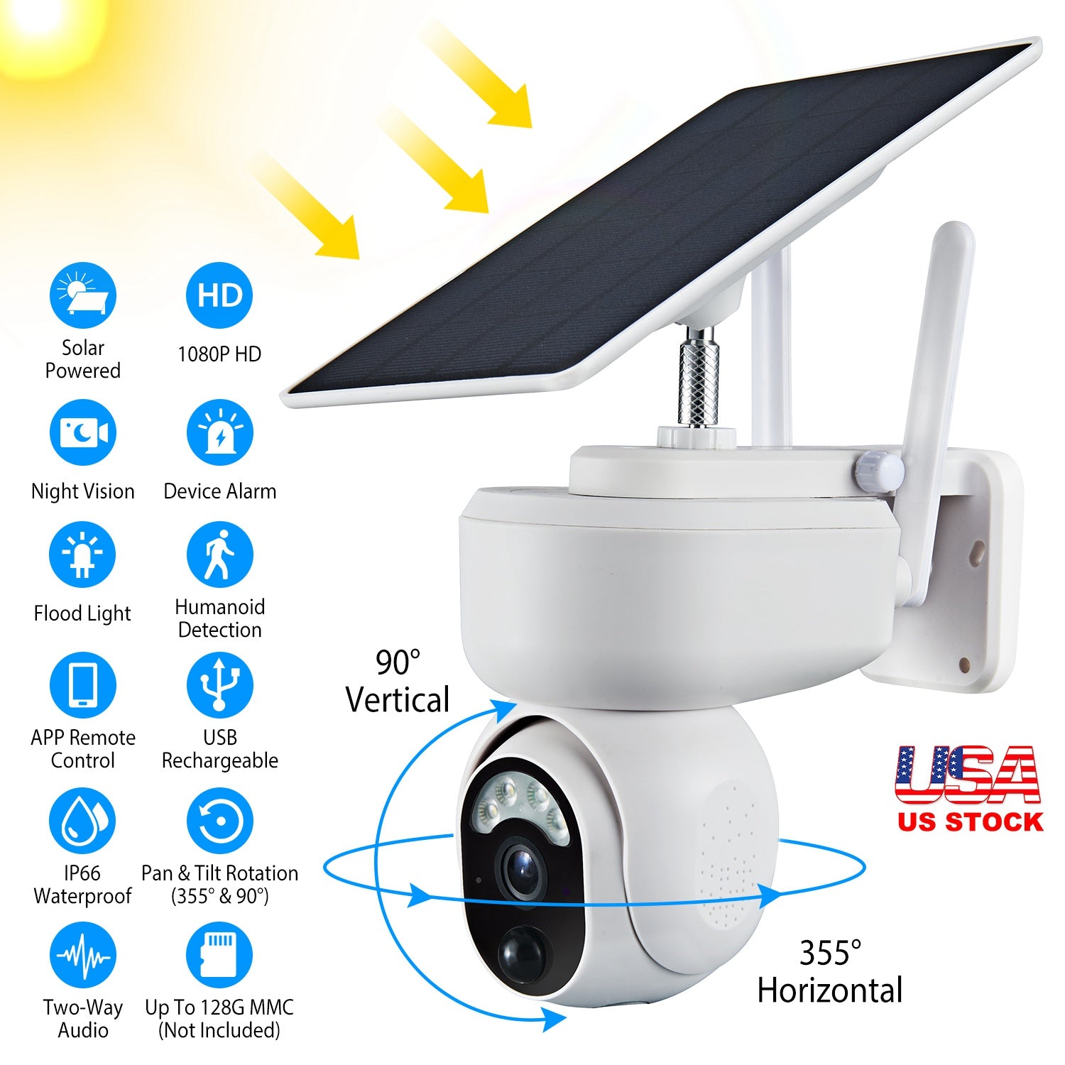 Solar WIFI Security Camera IP66 Waterproof USB Battery Powered 2.4G WiFi Wireless 1080P Surveillance Camera with Flood Light Night Vision Human Detect