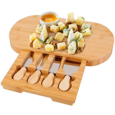 Oval Bamboo Cheese Board Knife Set Wooden Cheese Serving Platter Tray with 4 Stainless Steel Knives Pull-out Storage Drawer for Wedding Birthdays 