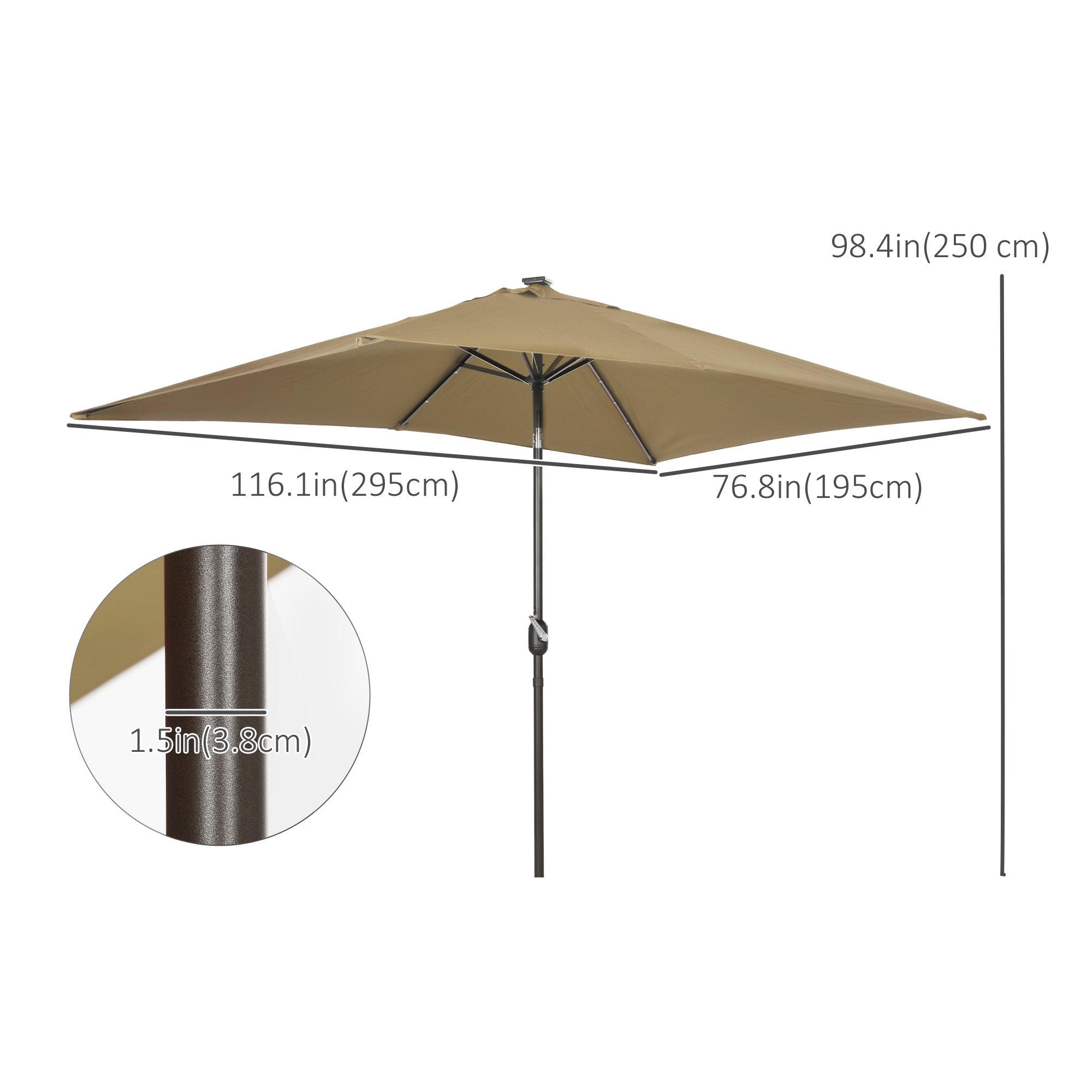 Outsunny Patio Umbrella 6.5x10ft Rectangle Solar LED Outdoor Parasol Aluminum Tilt Market Umbrella Light Coffee 