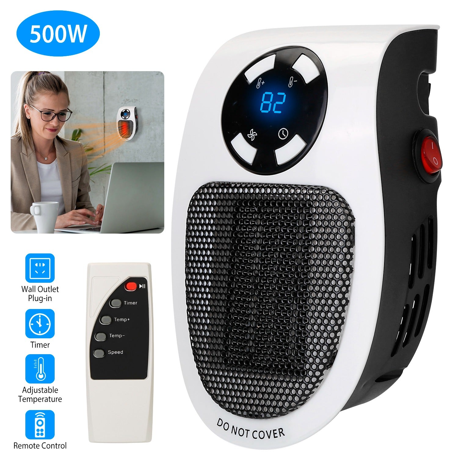 500W Portable Heater Fan Wall Outlet Space Heater Plug-in Heater Adjustable Temperature Auto Shut off w/ Remote Control