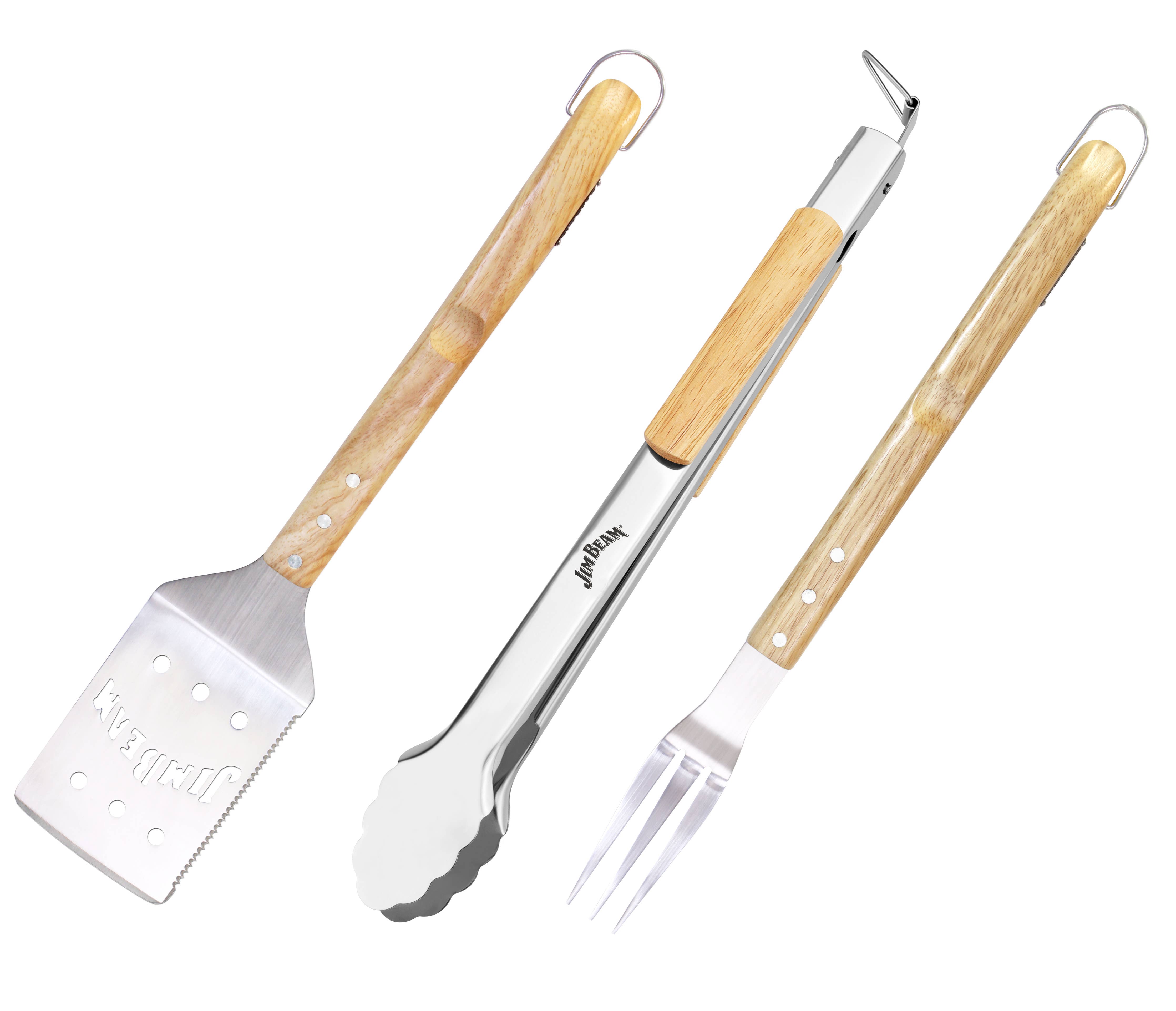 Jim Beam 3-Piece Grilling Tool Set with Wooden Handles 