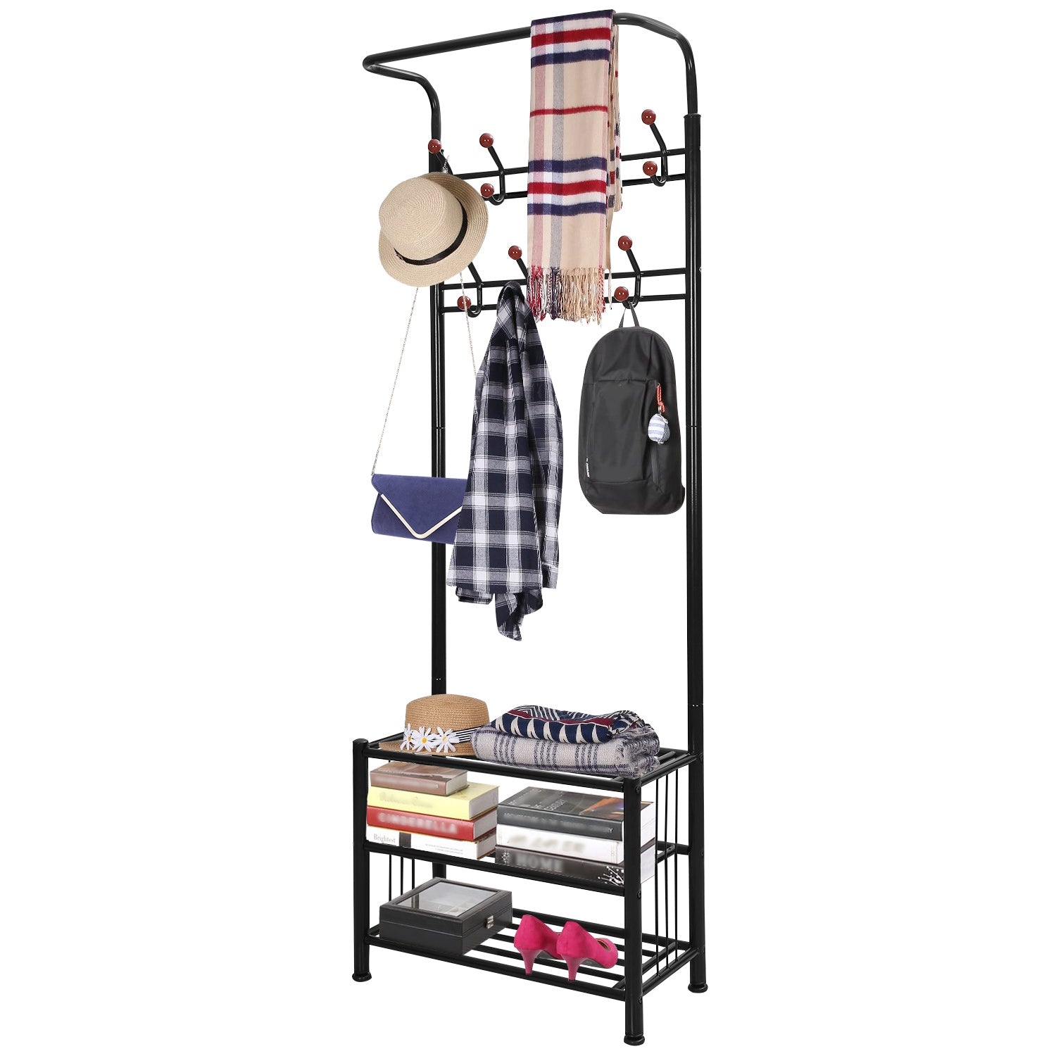 Metal Entryway Coat Shoe Rack Hall Tree w/ 3-Tier Shoe Bench Shoe Storage 18 Hooks Coat Hat Rack