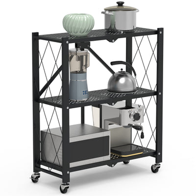 3-Tier Foldable Storage Shelf With Lockable Wheels No Assembly Rolling Utility Shelf Heavy Duty Collapsible Organizer Rack For Kitchen Living Room Bas 
