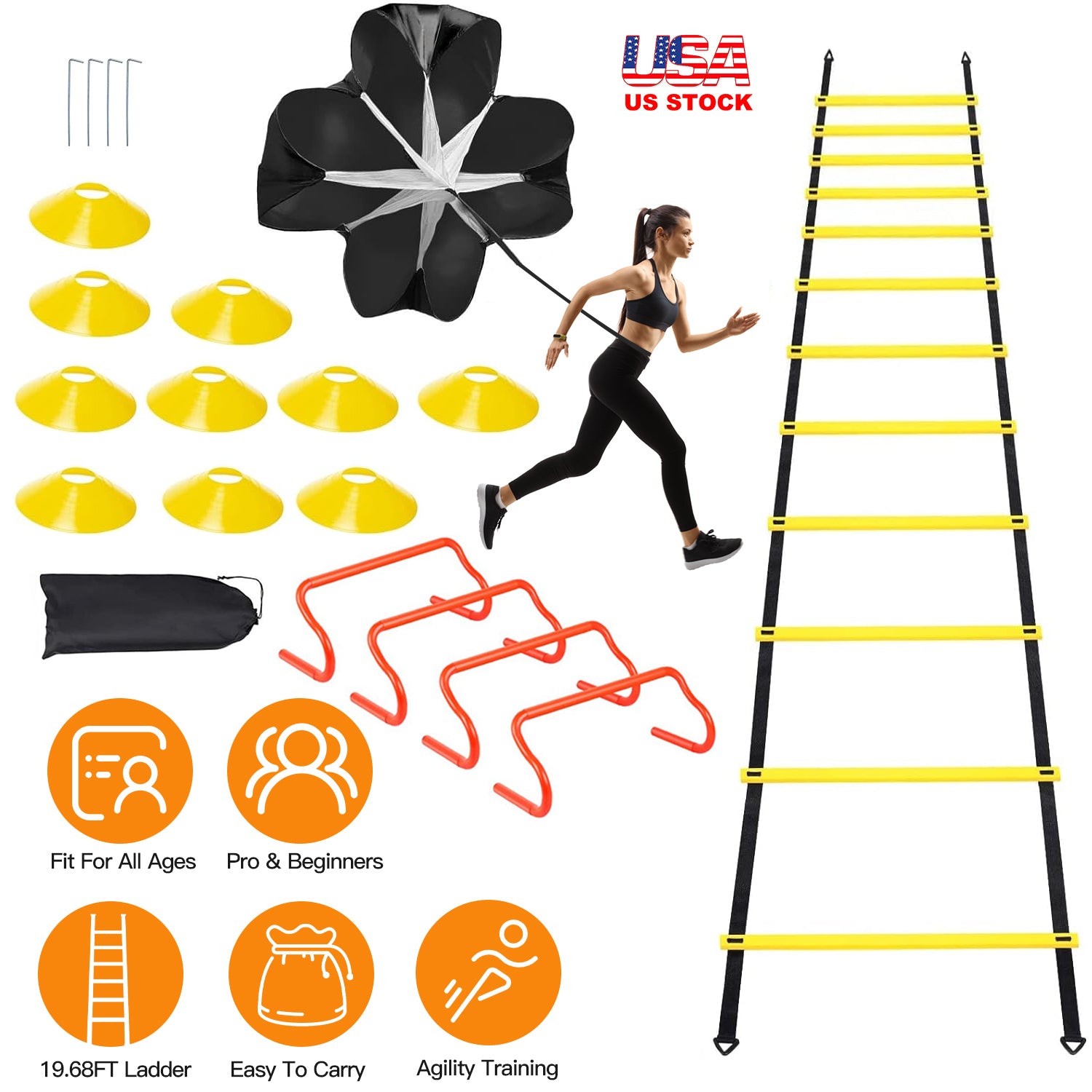 Speed Agility Training Equipment Set For Pro Beginner Including Cones Parachute Stakes Hurdles 19.68FT Ladder with Carrying Bag Soccer Football Basket 