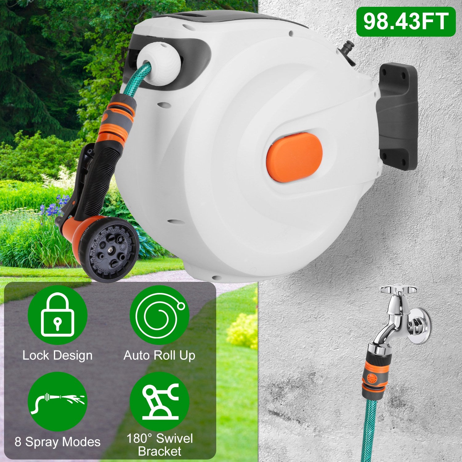 Retractable Garden Hose Reel Wall Mounted Automatic Water Hose Reel with Any Length Lock 8 Pattern Spraying Modes 180° Swivel Bracket