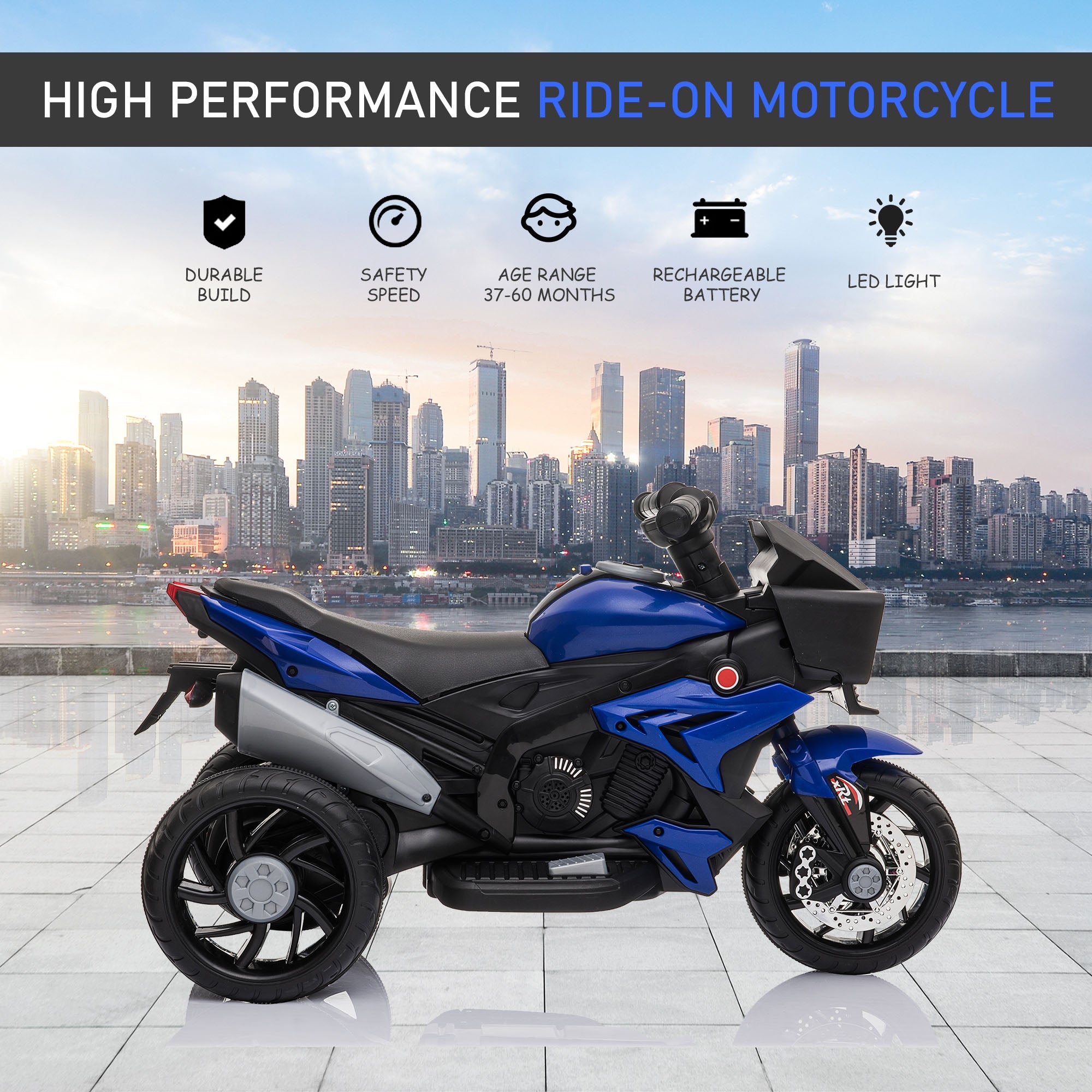 Aosom Kids Electric Motorcycle Ride-On Toy 6V Battery Powered with Music Horn Headlights Blue 