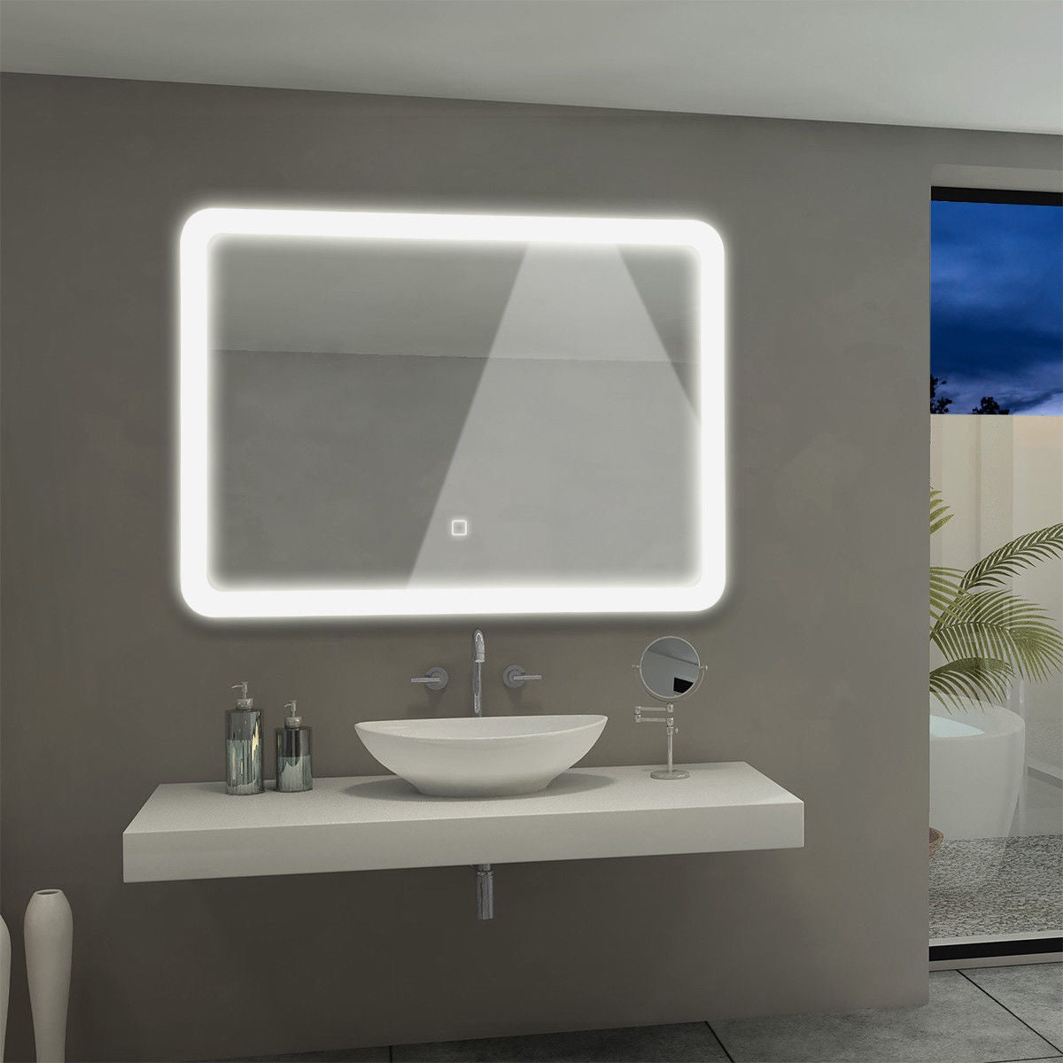 LED Wall-mounted Bathroom Rounded Arc Corner Mirror with Touch