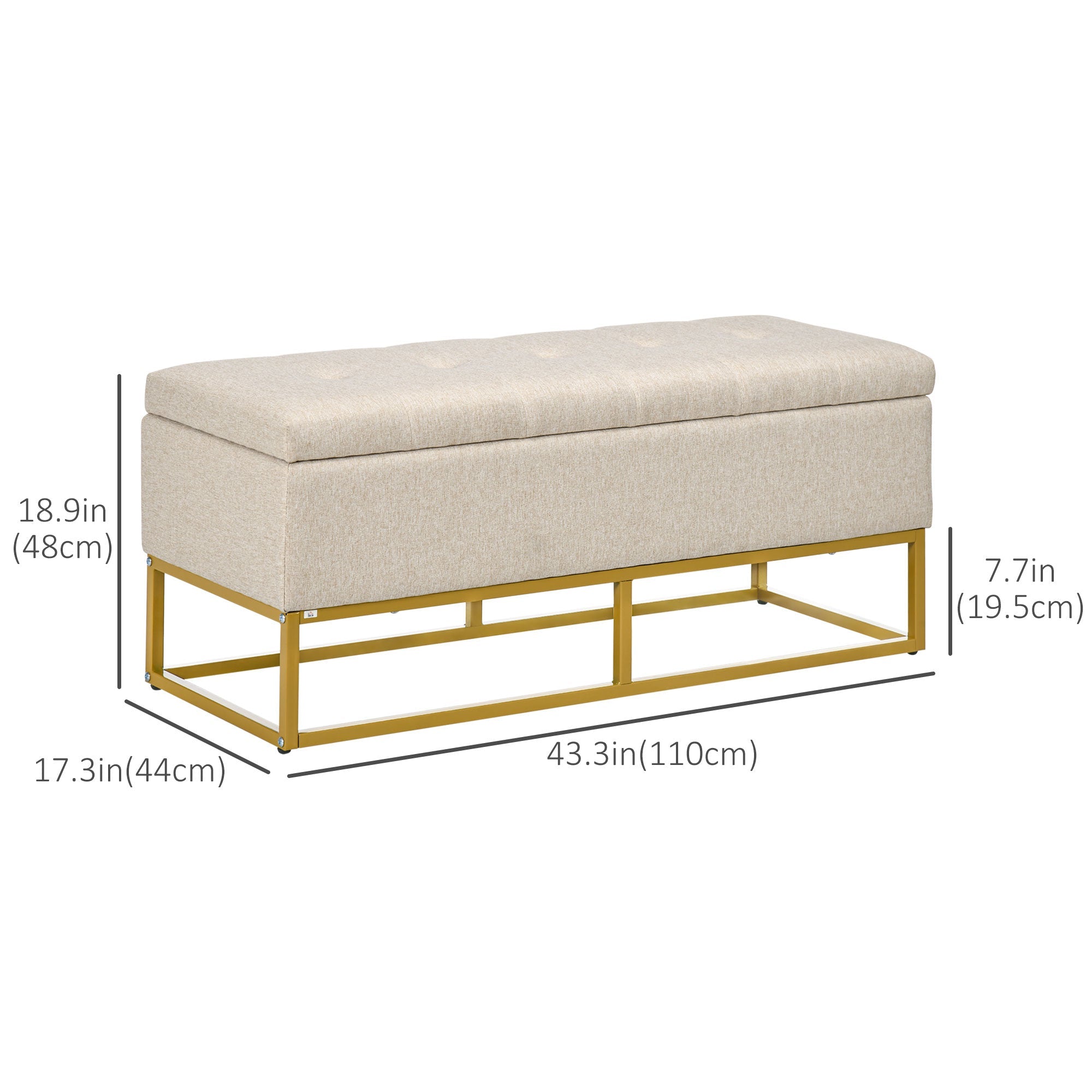 HOMCOM Linen Luxury: Upholstered Storage Bench with Steel Legs, Beige Fabric Ottoman for Bedroom, Living Room Seating 