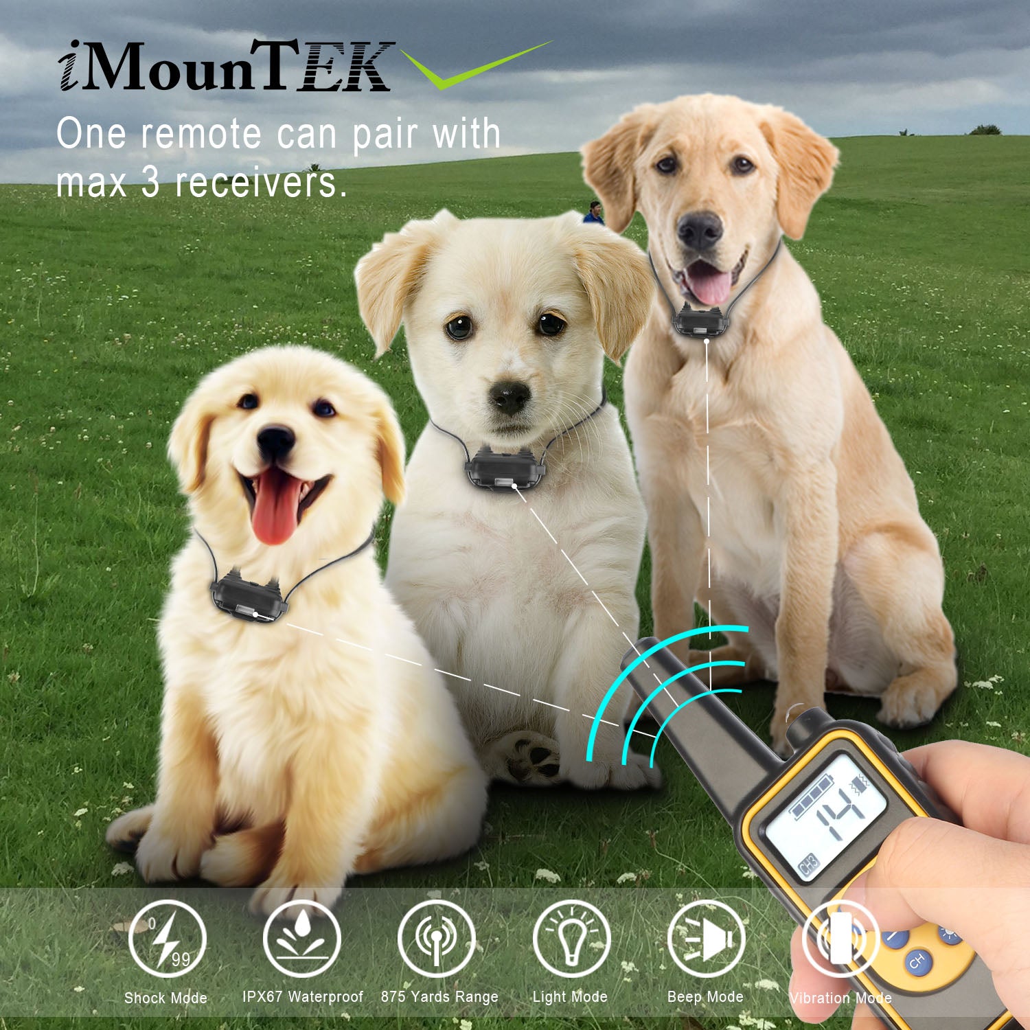 iMounTEK Dog Training Collar IP67 Waterproof Pet Trainer 300mAh Rechargeable 875 Yard Remote Control 4 Modes Adjustable Level