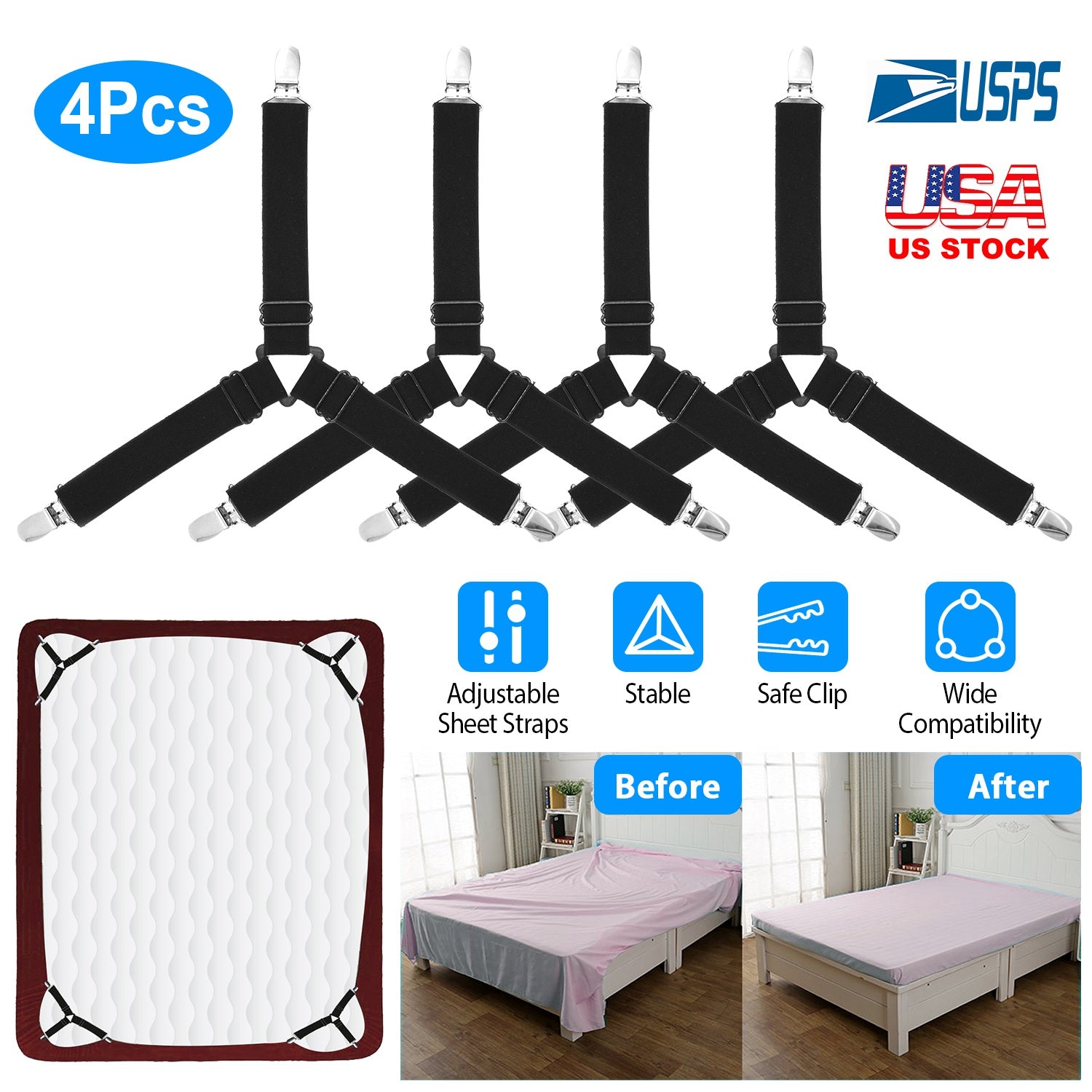 4Pcs Bed Sheet Fastener Holder Triangle Mattress Suspender Straps Grippers Clip For Covers Sofa Cushion 