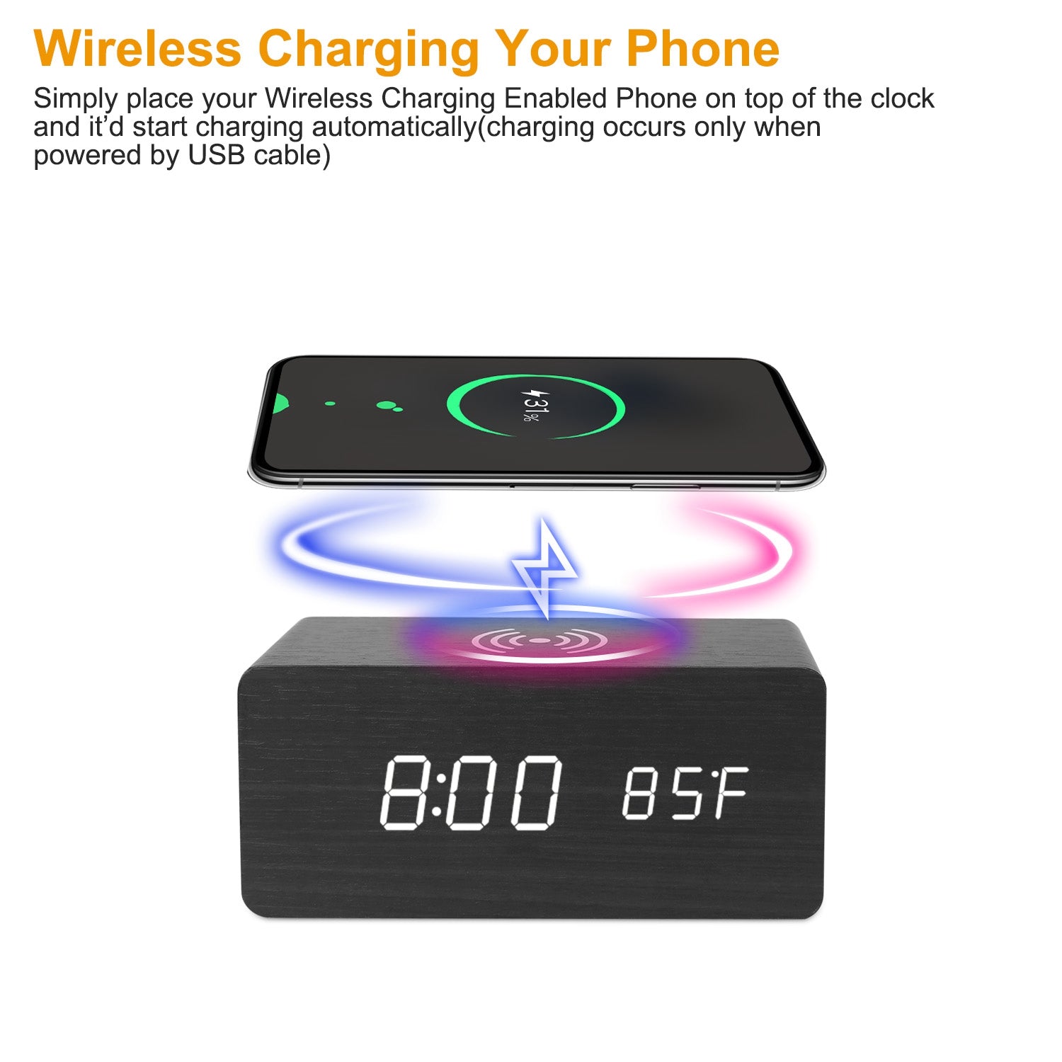 Digital Alarm Clock Qi-Wireless Charger Time Temperature Calendar Display Clock w/ Voice Control Brightness Adjustment (Bamboo Color) 