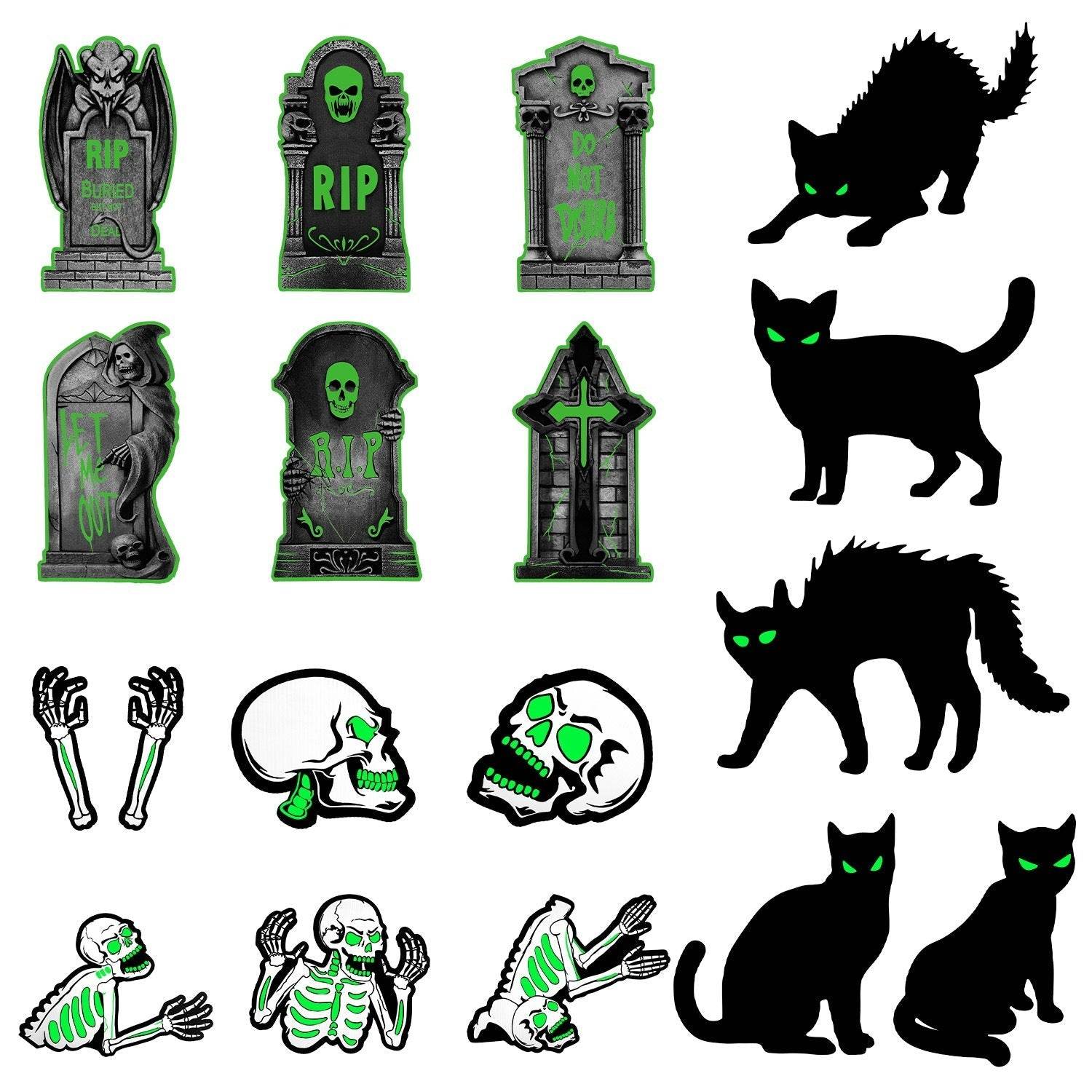 6Pcs Skull Or 6Pcs Tomb Or 5Pcs Black Cat Halloween Yard Sign Decorations  Glow In The Dark For Haunted House Garden Yard And Scary Theme Party 