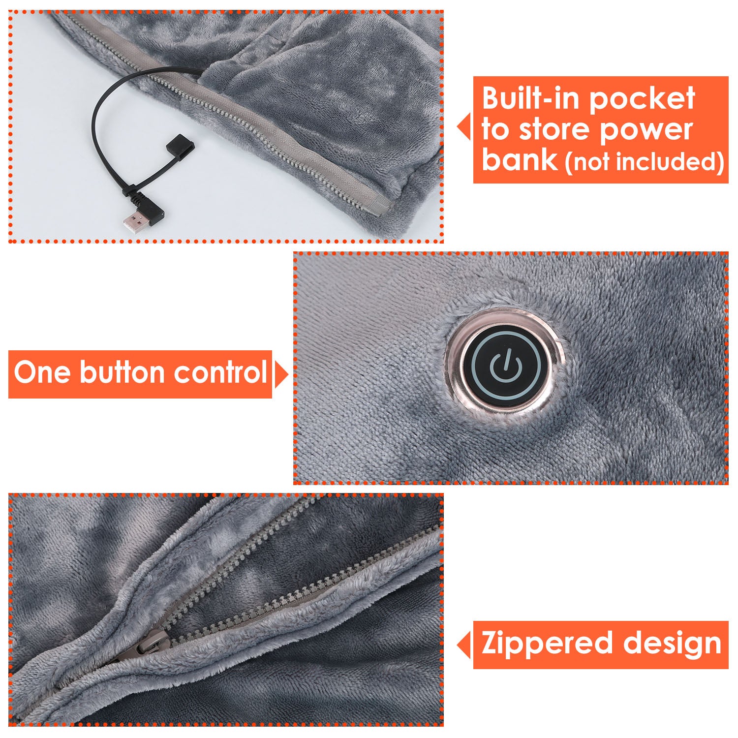 USB Heated Blanket Electric Heated Blanket Heated Poncho Shawl Wrap Throw with Zipper Washable for Home Office 59*31in