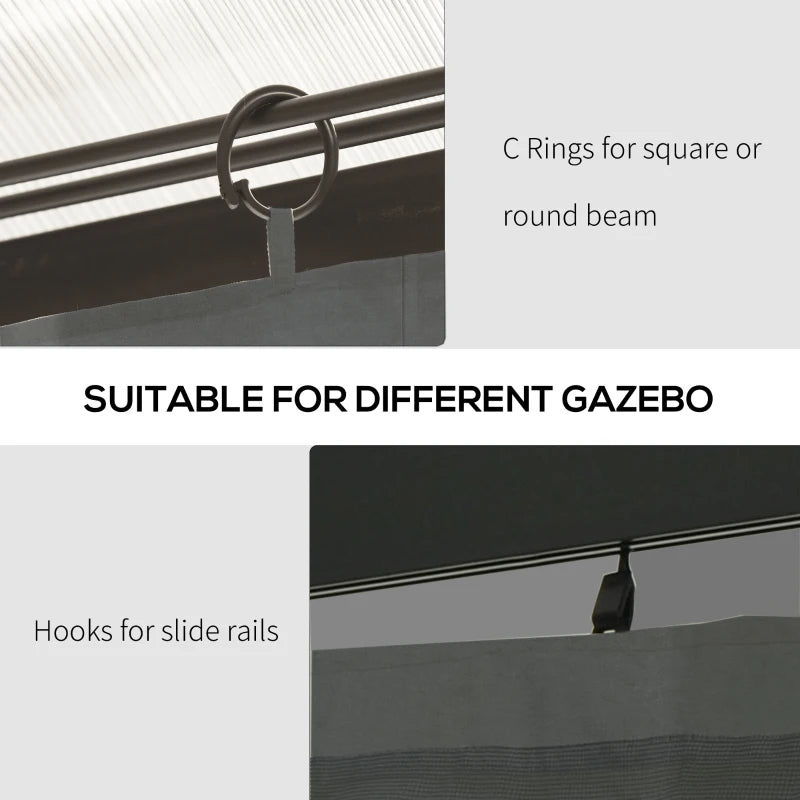 Gazebo Curtains, 10' x 12' Universal Replacement Privacy Curtain, 4-Panels Sidewall with Hooks/C-Rings, Grey