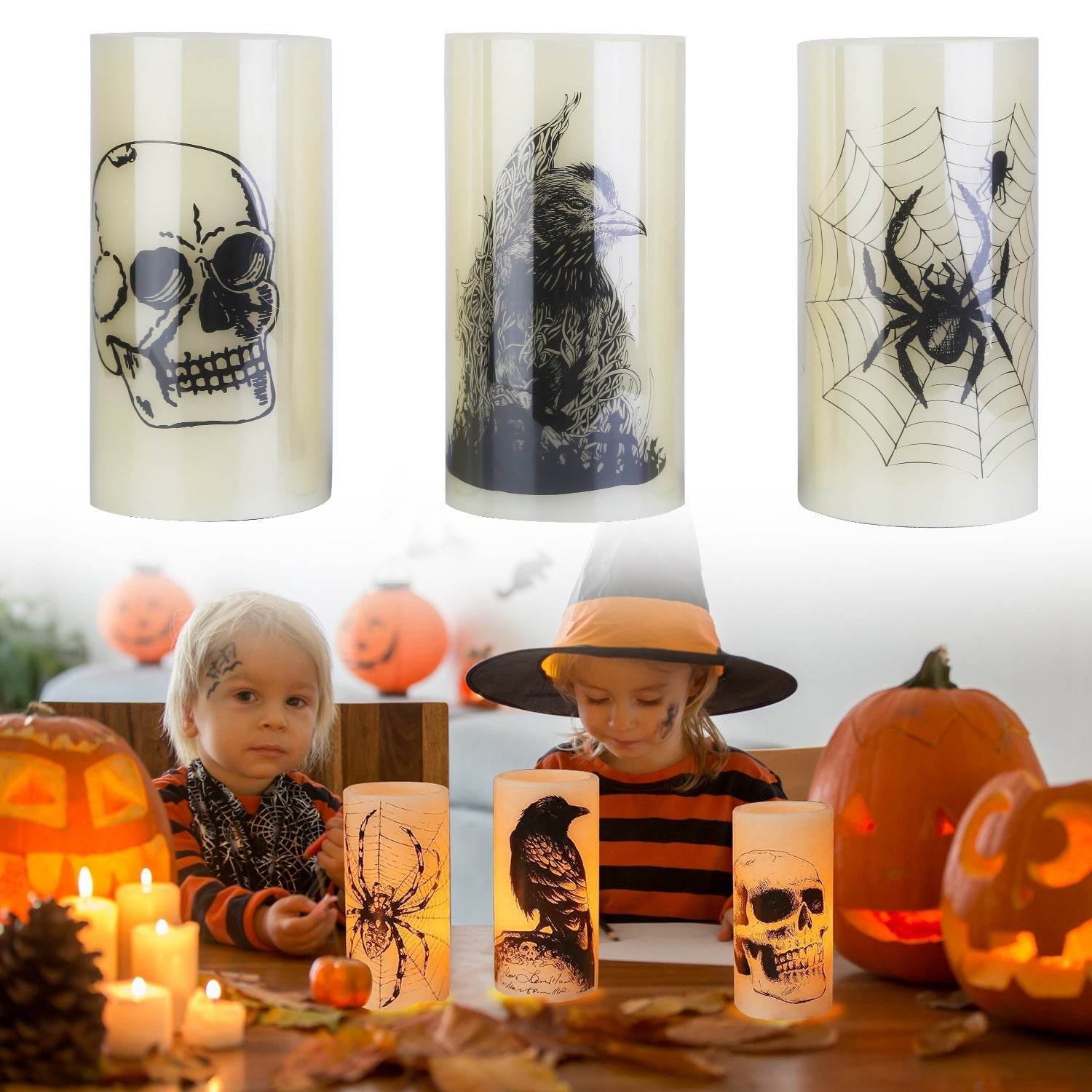 3 Pack Halloween Flameless Candle Lamp With Timer Setting Battery Operated Warm Orange Light Candles For Halloween Party Decoration 