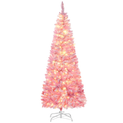 HOMCOM 6 Foot Prelit Snow Flocked Artificial Christmas Tree with Pencil Shape, 500 Pine Realistic Branches, Warm White LED lights 