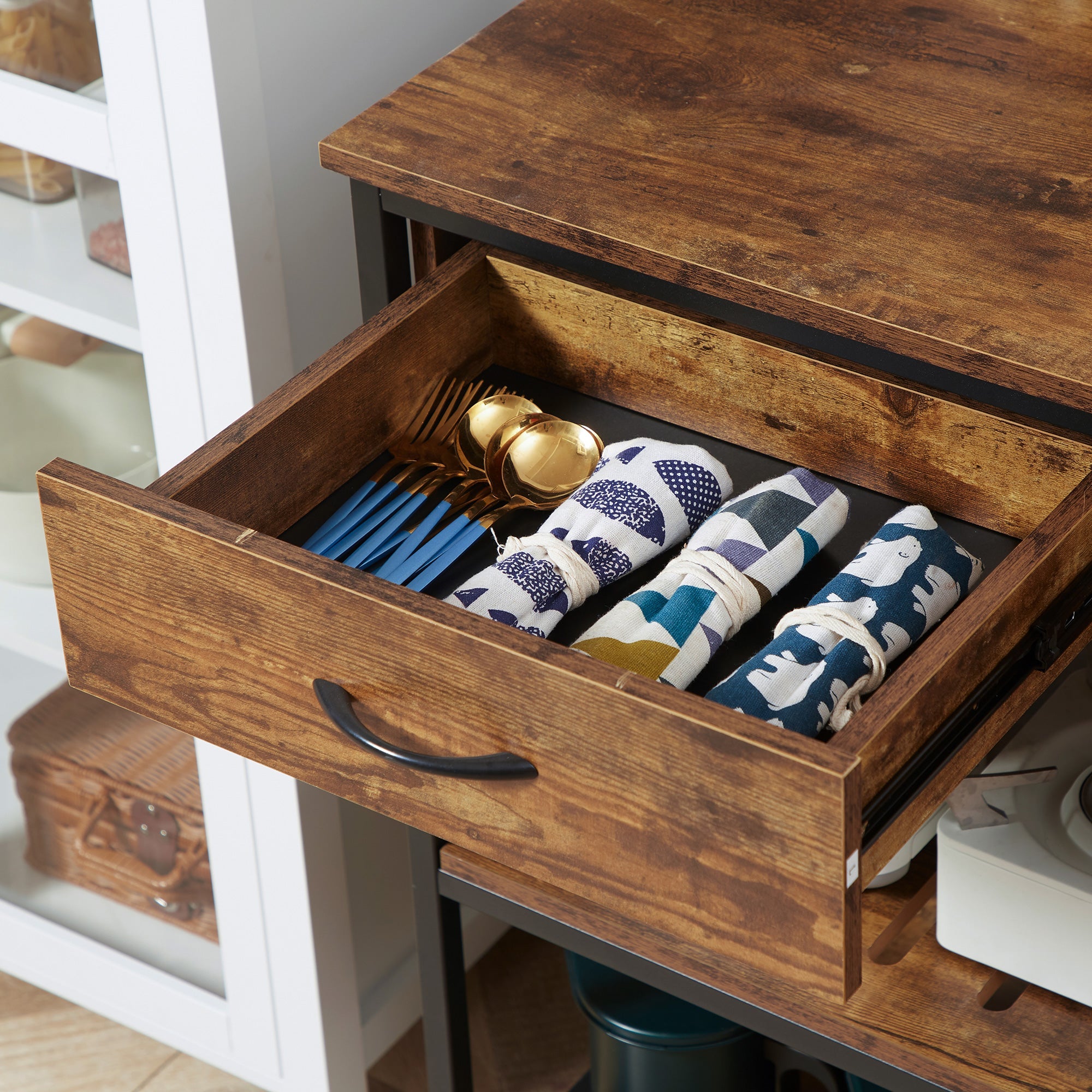 HOMCOM Industrial Ingenuity: Rolling Kitchen Island Cart with Drawers, Storage Shelves, Towel Rack, Rustic Brown Finish 