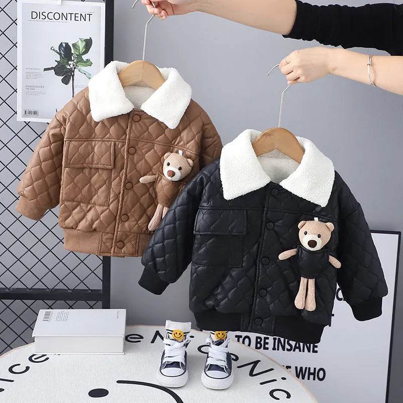 Boys' Thick Leather Coat Lapel Long-sleeved Jacket 