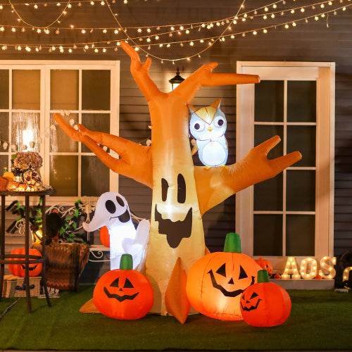 HOMCOM 7.5 Tall Lighted Halloween Inflatables Outdoor Decorations Haunted Tree With Owl, Ghost, Pumpkins, Blow Up LED Yard Decor For Garden, Lawn, Party, Holiday, Waterproof 
