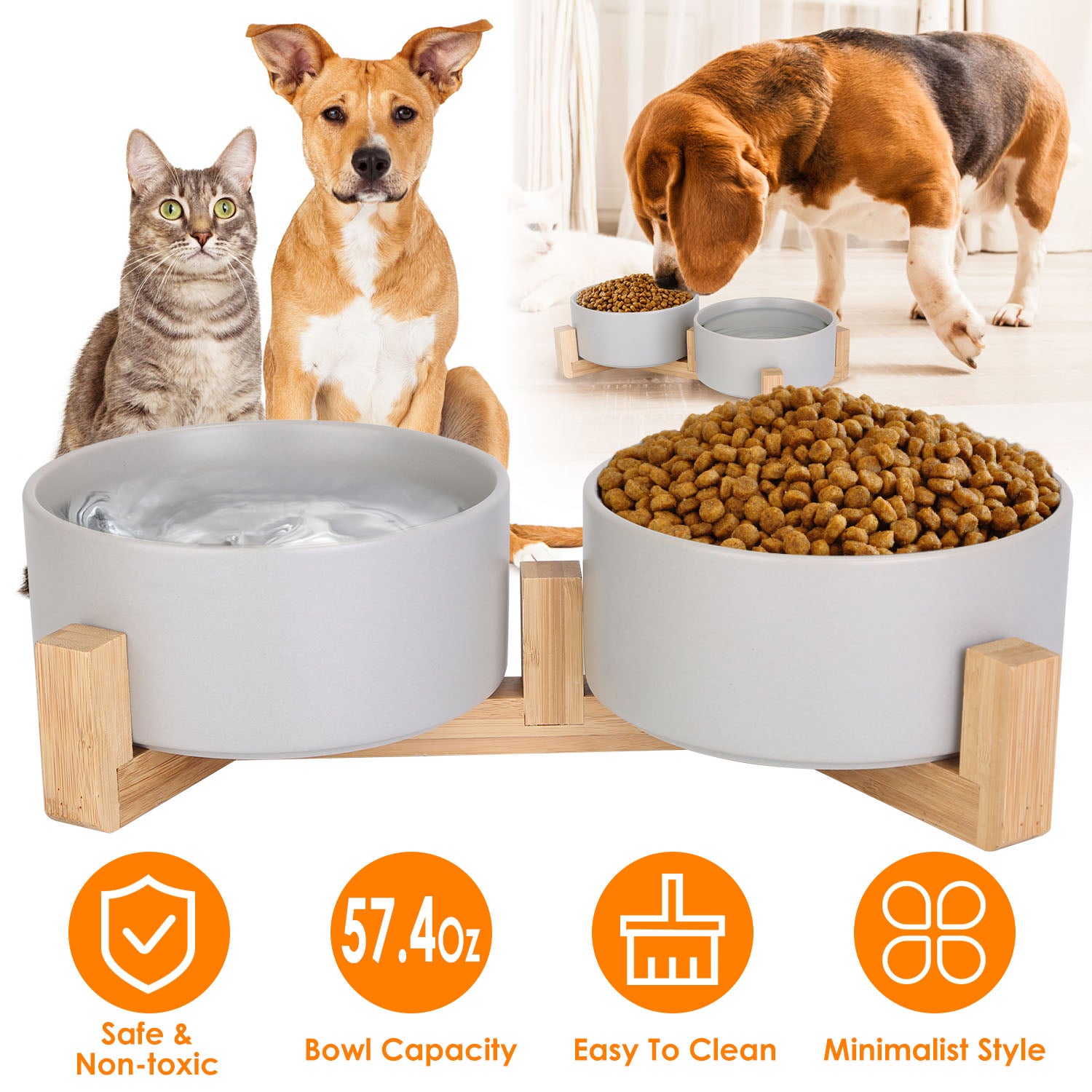 Double 28.7Oz Ceramic Pet Bowls Dog Cat Bowls with Wooden Stand Raised Pet Feeder for Small Dogs Cats 