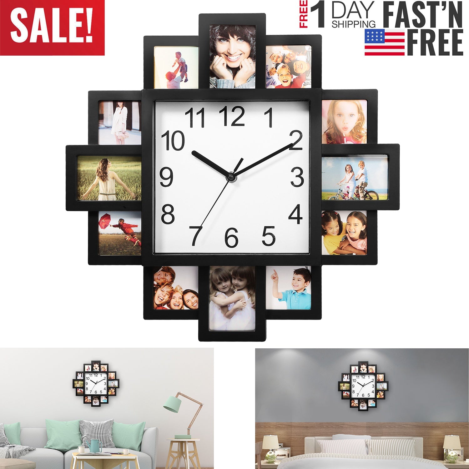 Photo Frame Clock Picture Collage 12-Picture Display Wall Clock Photowall Wall Hanging Home Decor