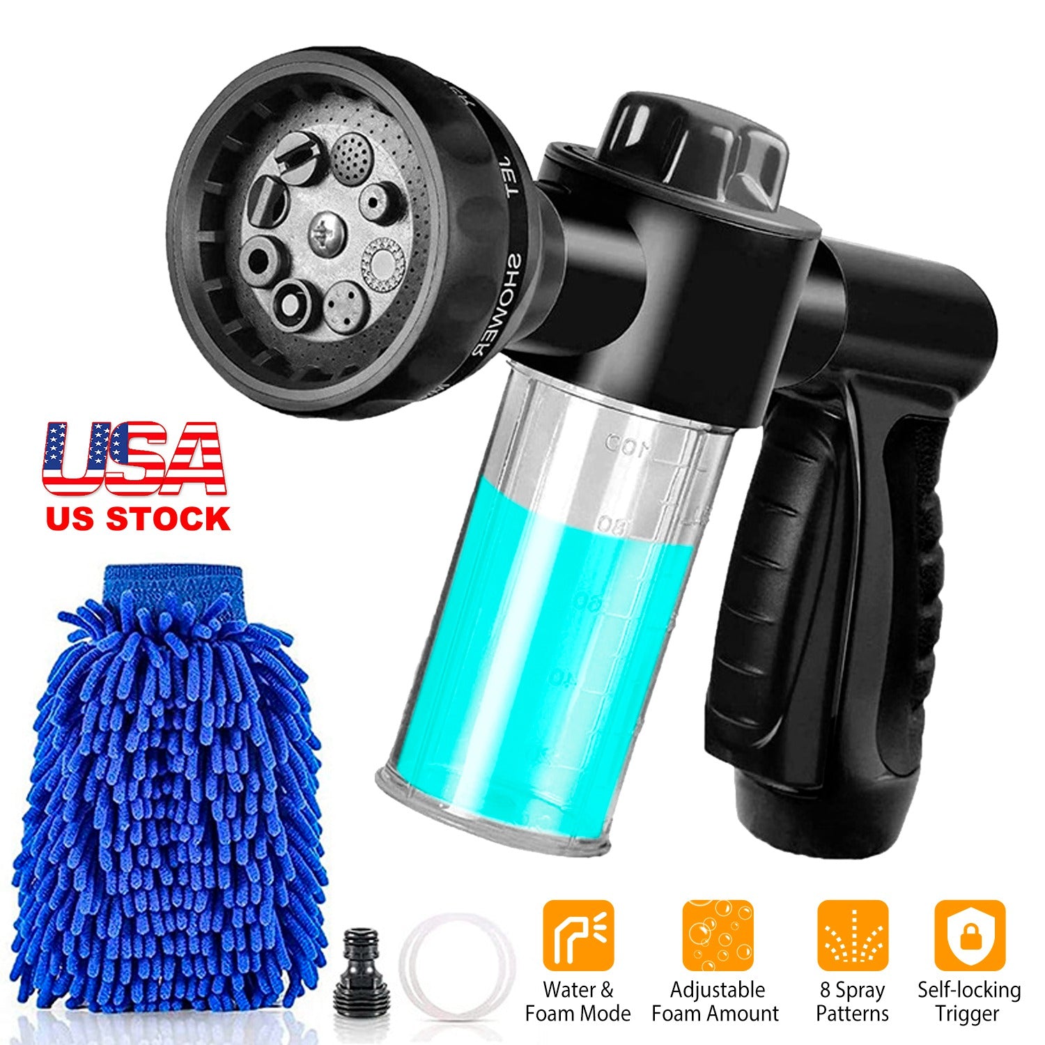 8 In 1 Foam Garden Hose Nozzle Soap Sprayer High Pressure Foam Cannon with Car Wash Mitt 3.5oz Soap Dispenser Bottle for Pet Shower Plant Watering