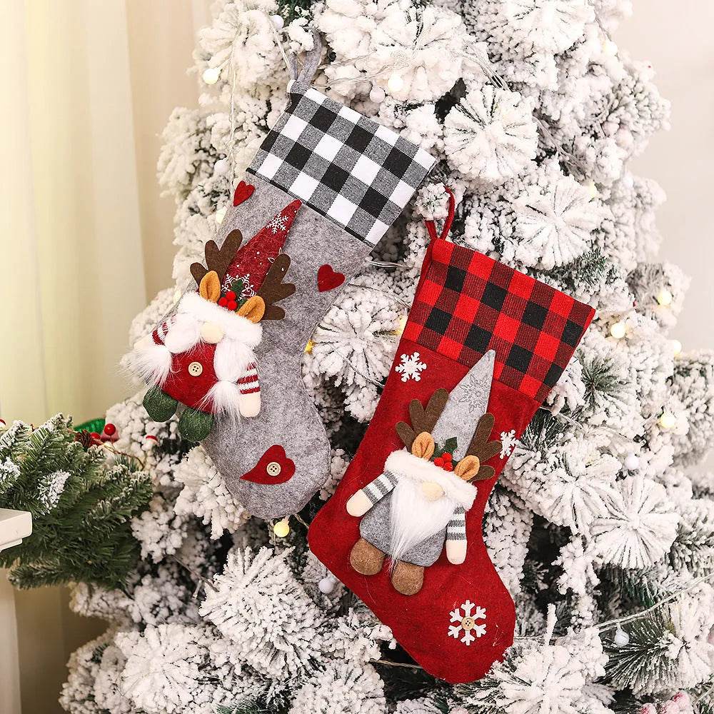 Plaid Three-dimensional Couple Faceless Doll Christmas Stockings Christmas Eve Gift Bag Candy Bag 