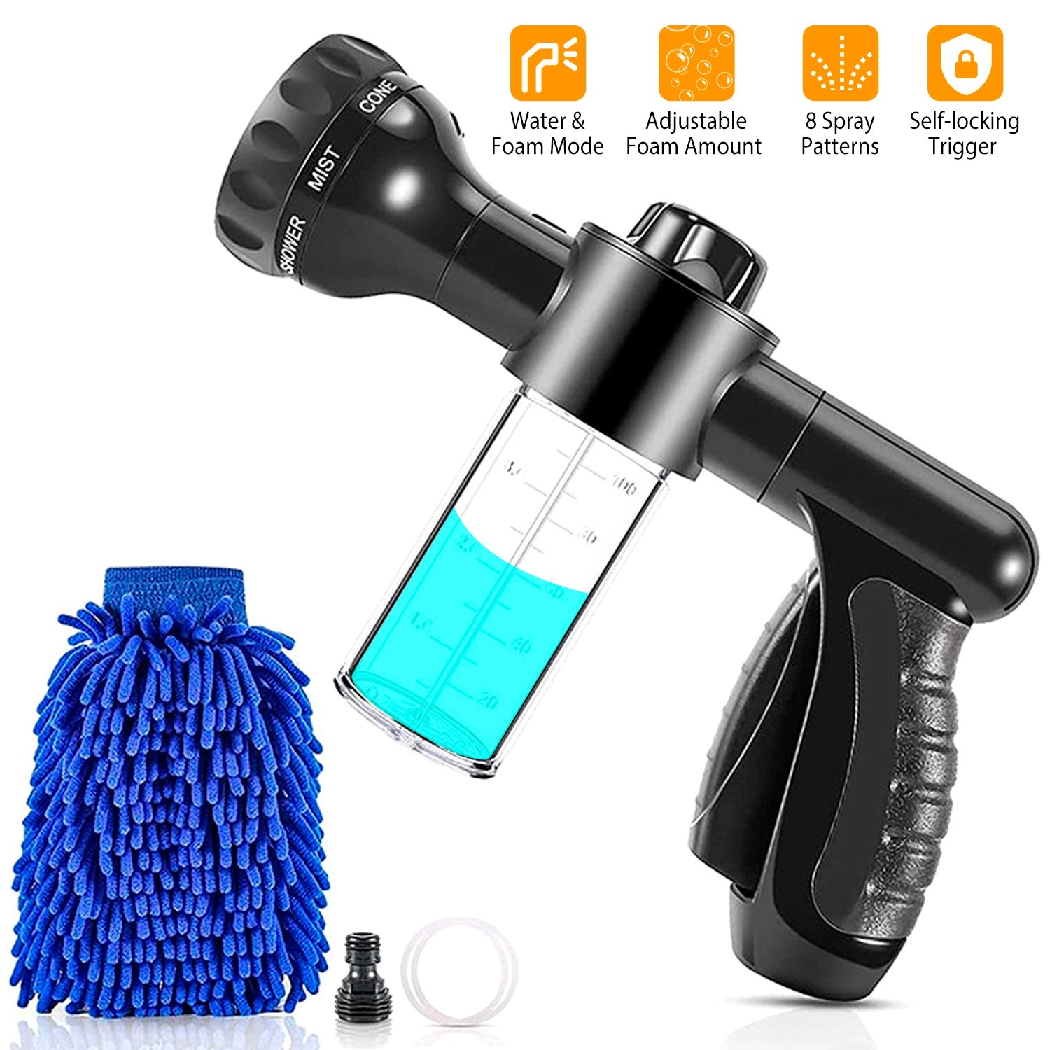 8 In 1 Foam Garden Hose Nozzle Soap Sprayer High Pressure Foam Cannon with Car Wash Mitt 3.5oz Soap Dispenser Bottle for Pet Shower Plant Watering