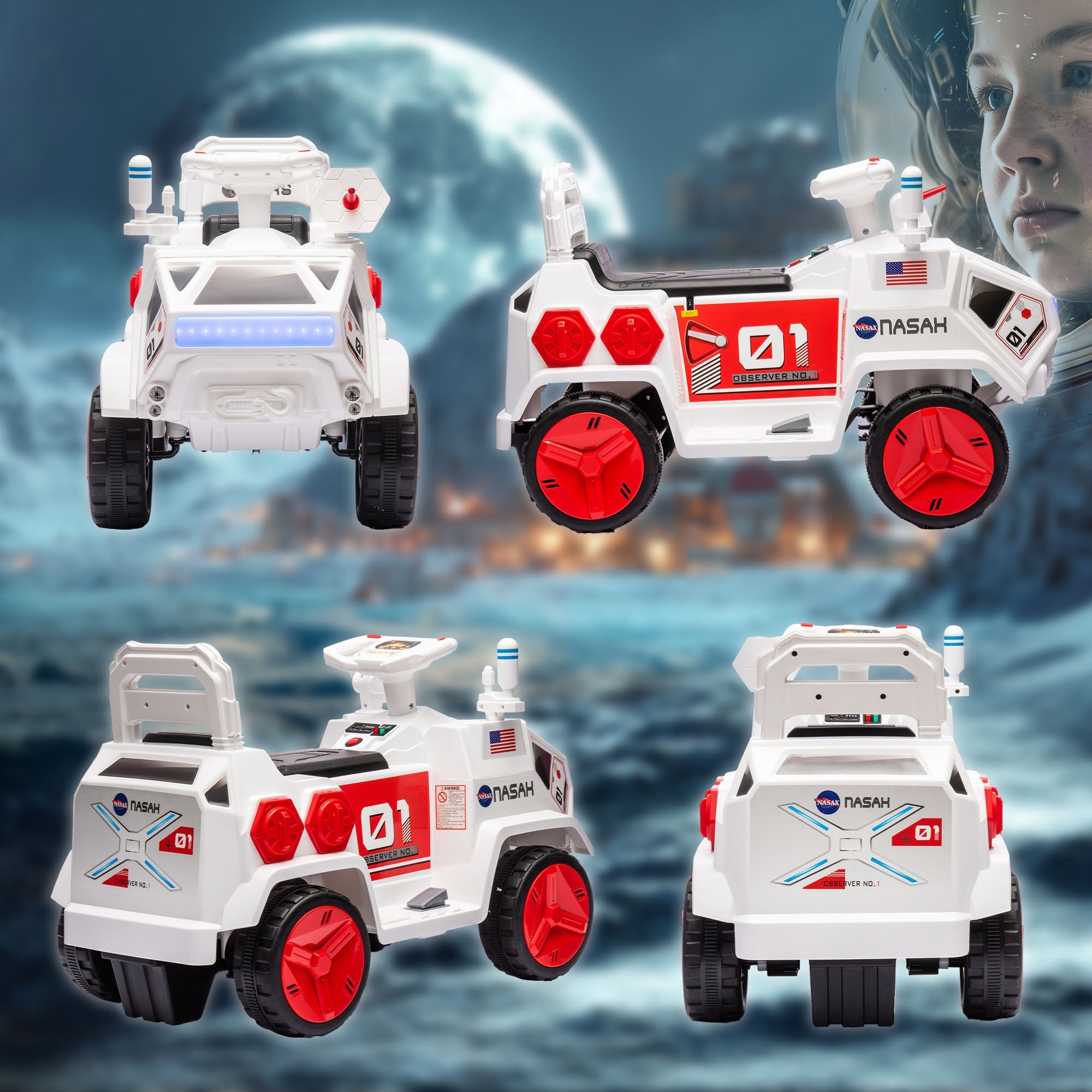 Qaba 6V Mars Rover Ride On Car for Kids Sounds Lights MP3 Player Electric Toy Vehicle Riding Experience Ages 3-5 White 