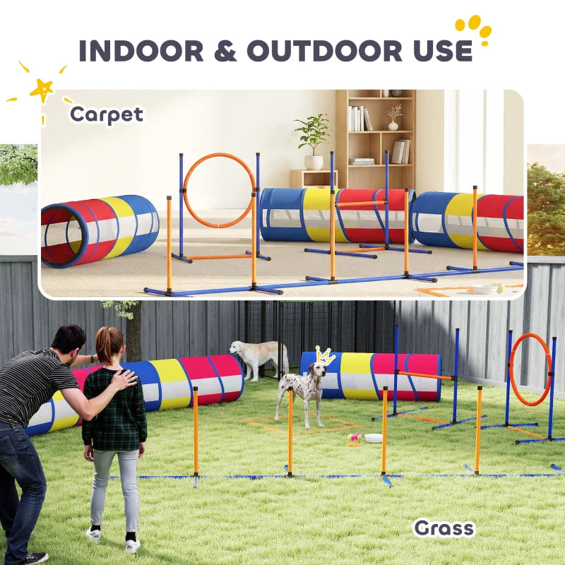 Dog Agility Training Equipment, 11-Piece Dog Obstacle Course with Adjustable Hurdle & Ring, 3 Tunnels, Weave Poles