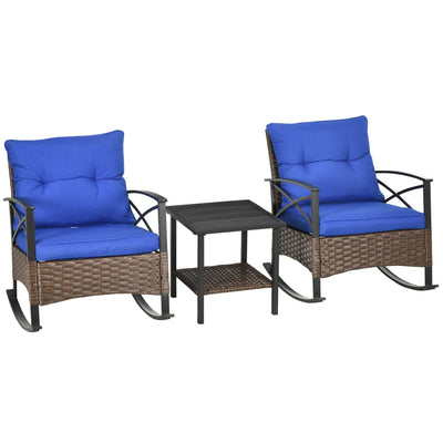 Outsunny Rocking Chair Set 3PC Outdoor PE Rattan Bistro Set with Two-tier Table Padded Cushions Dark Blue 