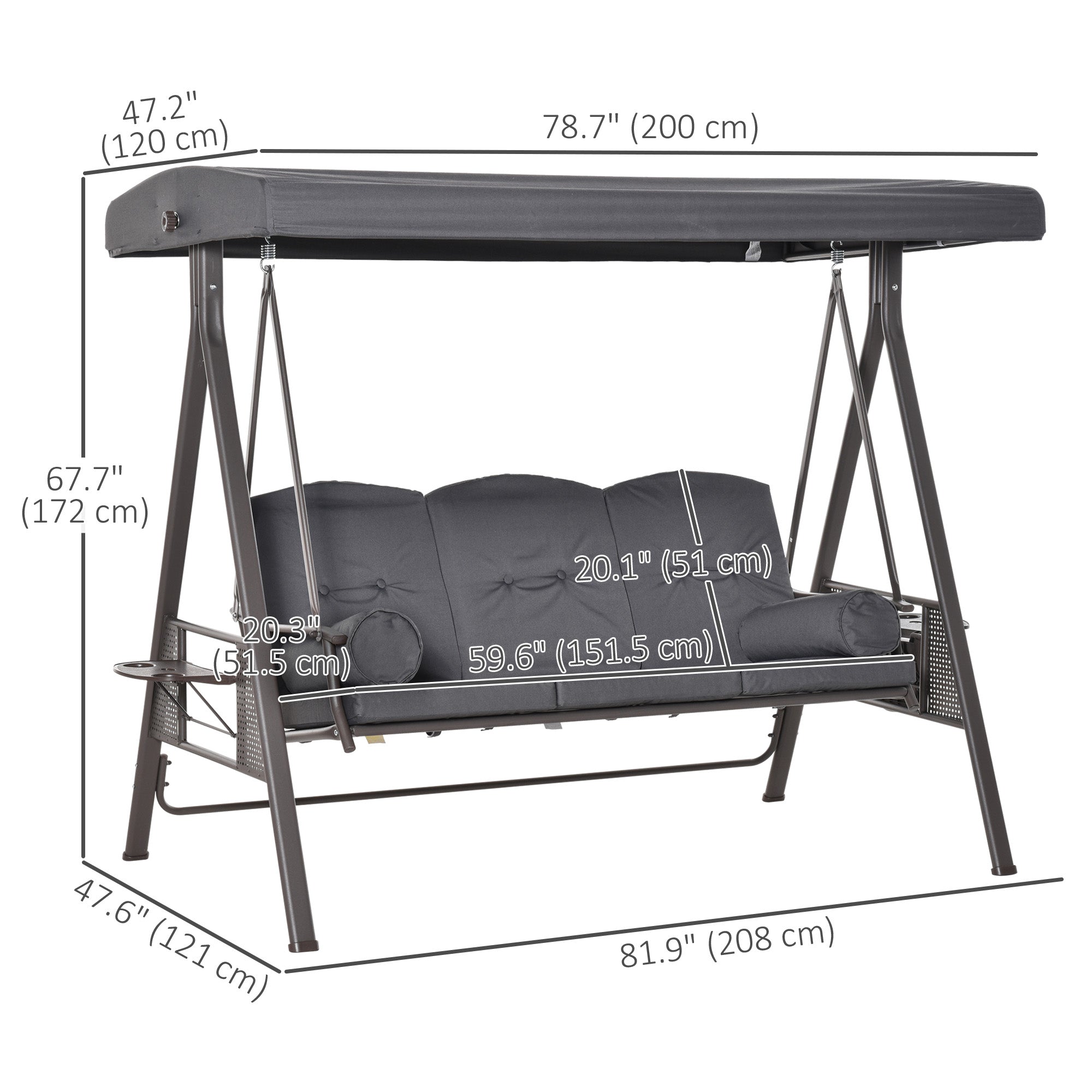 Outsunny Outdoor Patio 3-Person Steel Canopy Cushioned Seat Bench Swing with Included Side Trays & Padded Comfort, Dark Grey 