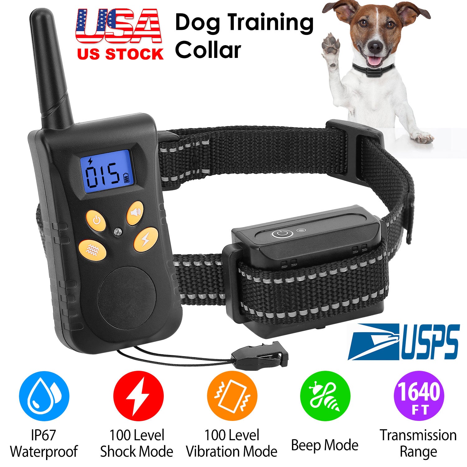 Dog Training Collar IPX7 Waterproof Pet Beep Vibration Electric Shock Collar Rechargeable Transmitter Receiver Trainer w/ Remote