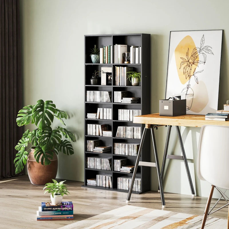 9-Tier DVD Shelf with 18 Compartments and 14 Adjustable Shelves, Holds 640 CDs, 360 DVDs or 430 Blu-rays, Black