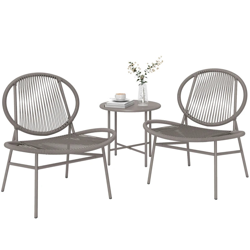 Rattan Bistro Set, 3 Pieces Wicker Patio Furniture Set, Acapulco Chairs and Steel Table for Porch, Balcony, Light Grey