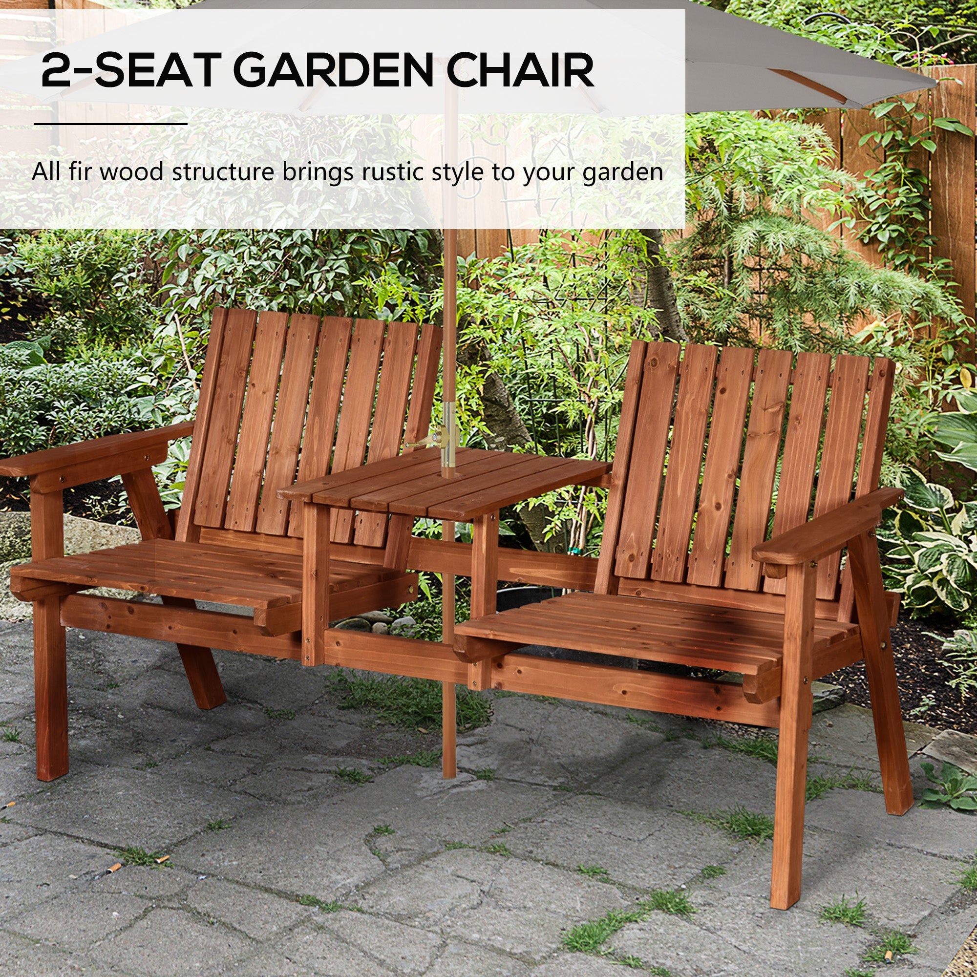 Outsunny Garden Bench for 2 Persons with Middle Table and Umbrella Hole, 2-Seater Outdoor Wooden Bench with Slat Design, Orange 
