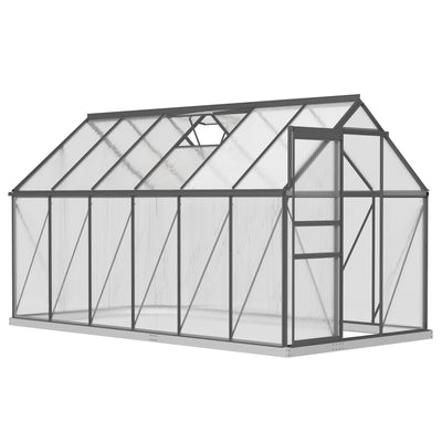 Outsunny 6' x 12' x 6.5' Polycarbonate Greenhouse, Walk-in Green House with Adjustable Roof Vent Galvanized Base Sliding Door Rain Gutter for Outdoor Garden Backyard, Charcoal Grey 