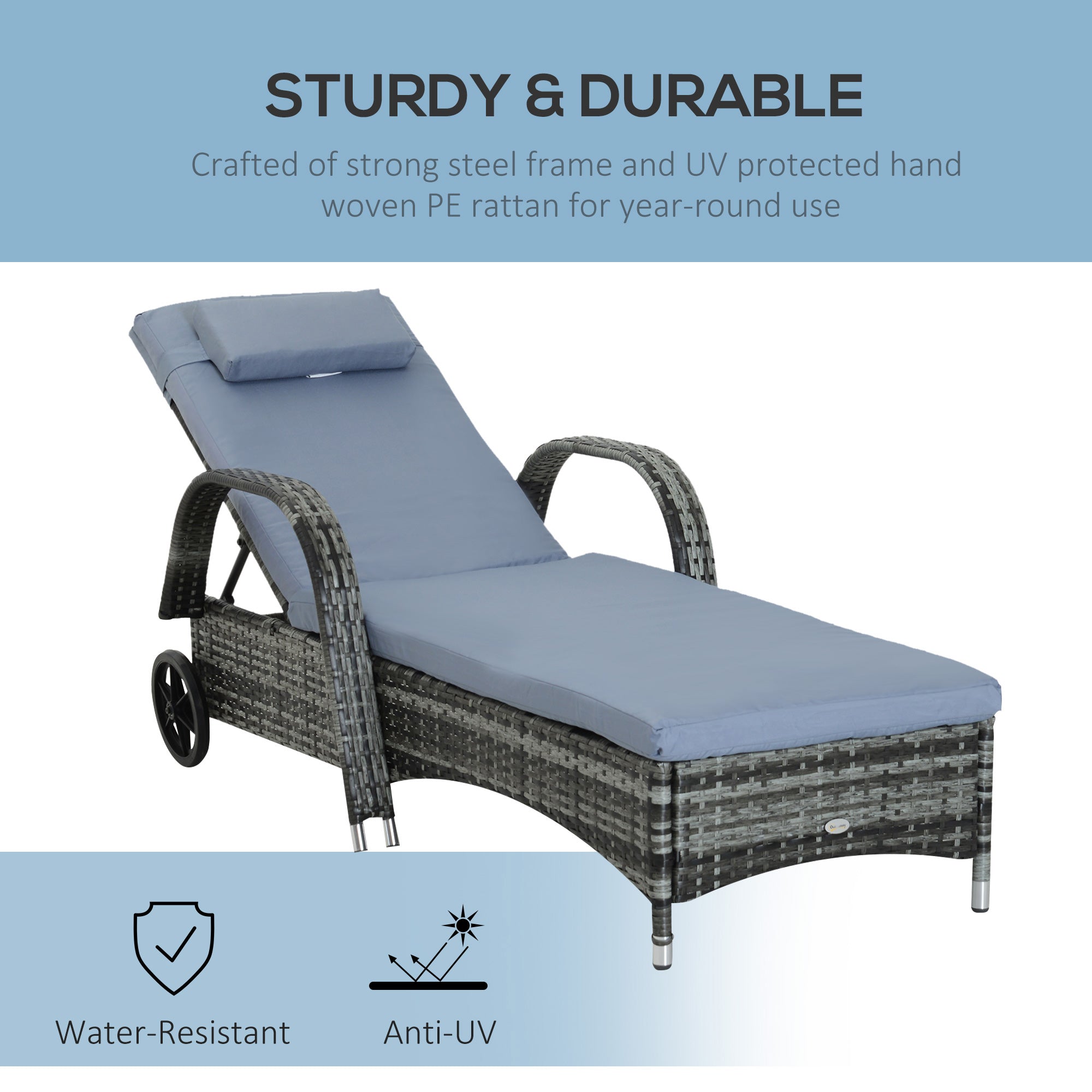 Outsunny Outdoor Rattan Wicker Chaise Lounge Chair Height Adjustable Backrest Grey 