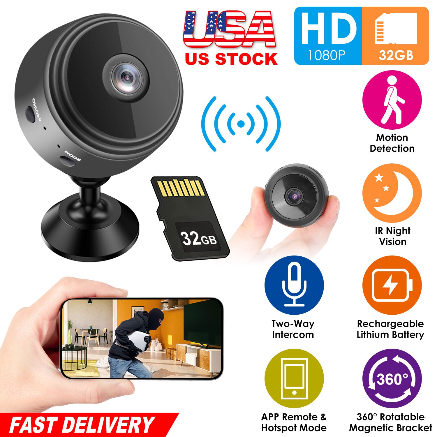 Mini Camera Wireless Wifi IP Home Security Cam 1080P Full HD Surveillance Camera Nanny Cam w/ 32G MMC Card