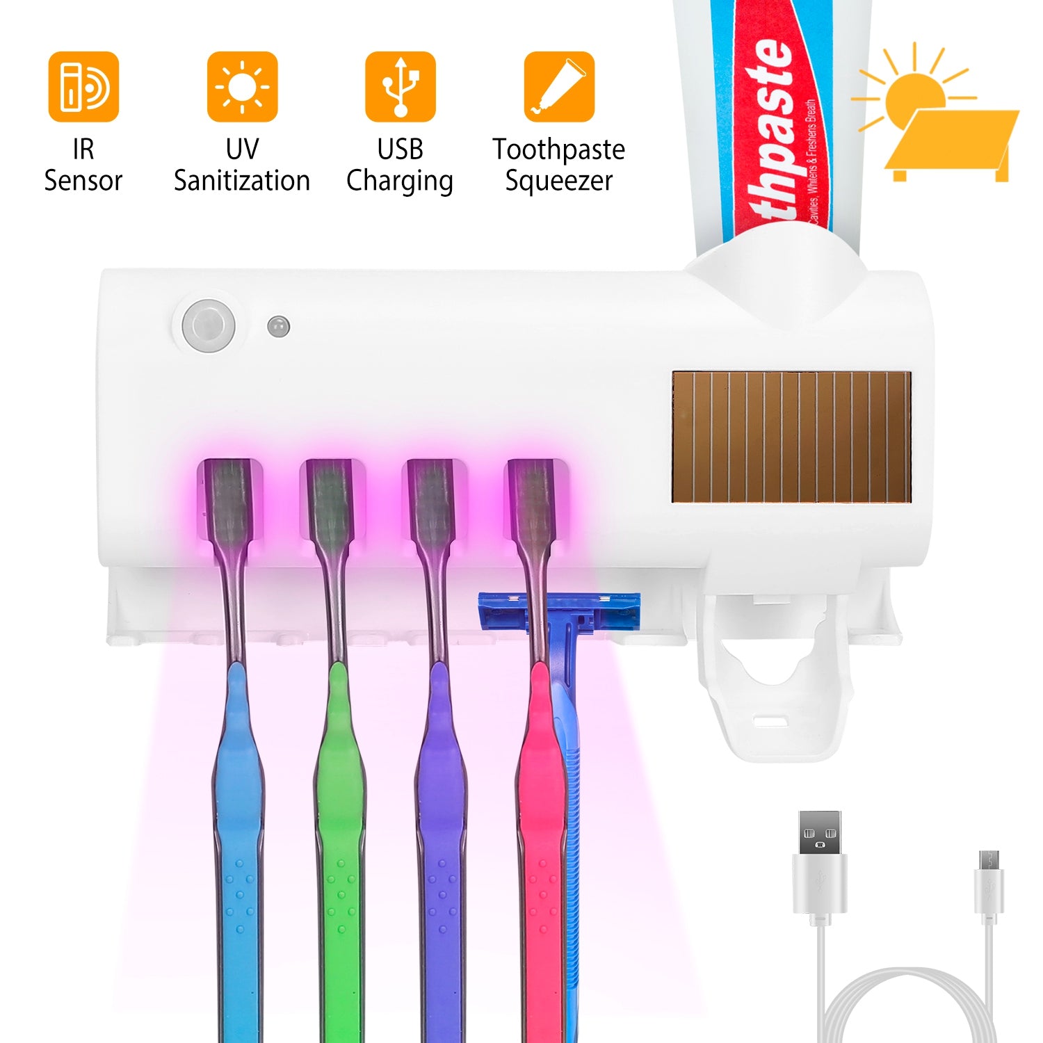 Wall Mounted Toothbrush Sanitizer Holder IR Induction UV Sanitization Rack with 4 Slots Toothpaste Dispenser for Bathroom